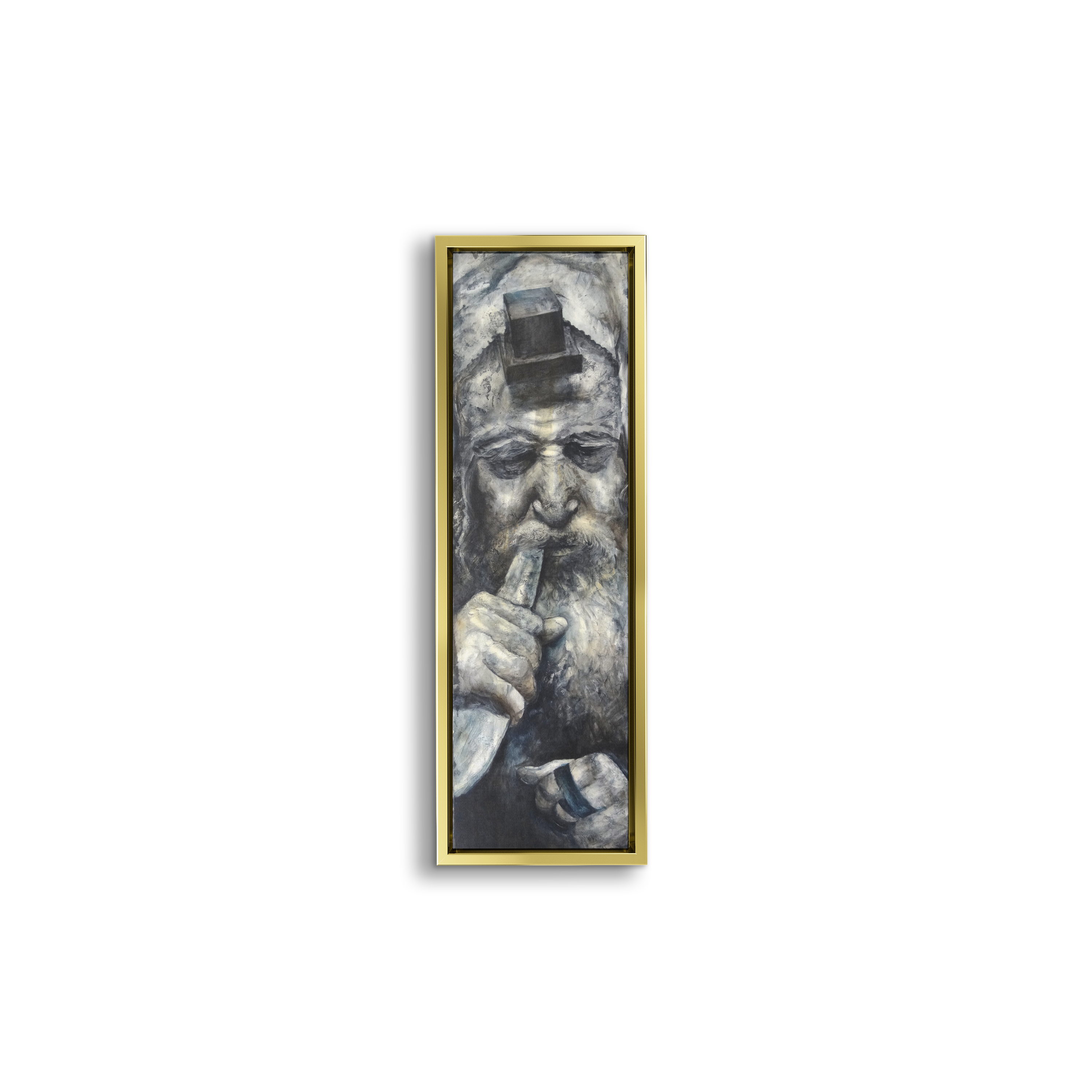 Dramatic Shofar Rabbi painting, 40x12, depicting a Rabbi blowing a shofar in black and white, capturing Jewish ritual intensity.
