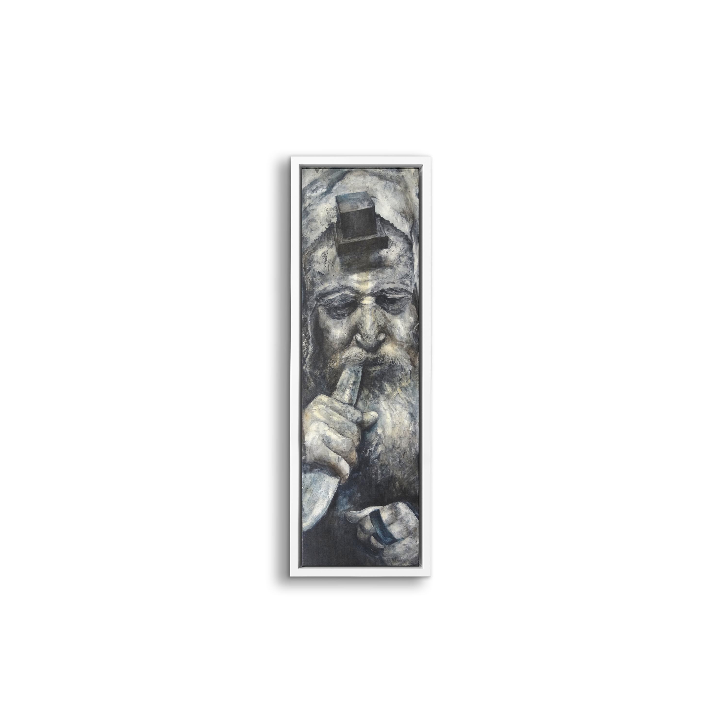 Dramatic Shofar Rabbi - 40x12 Vertical Jewish Art in Black & White depicting a Rabbi blowing a shofar, emphasizing Jewish tradition in a striking, monochromatic style.
