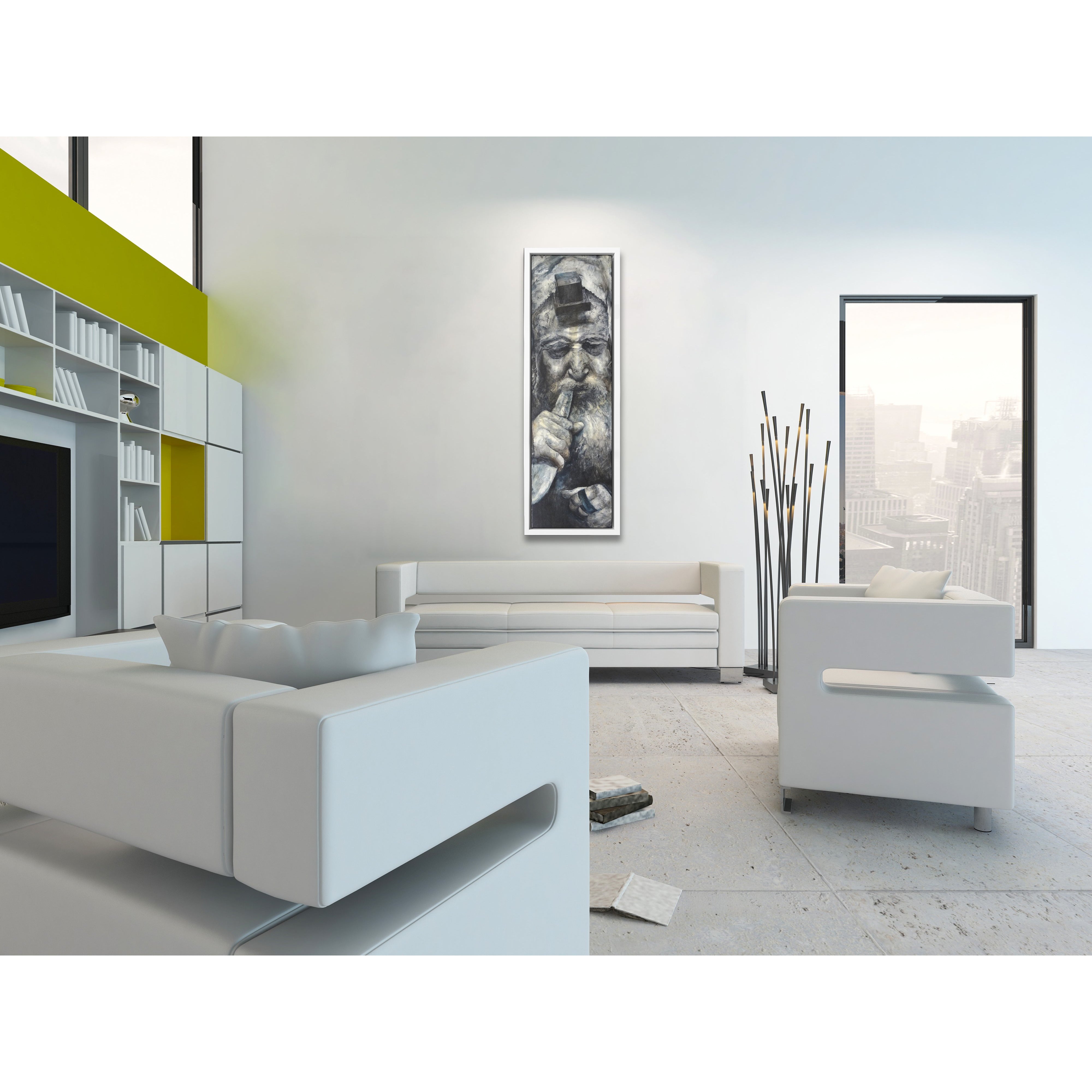 Dramatic Shofar Rabbi - 40x12 Vertical Jewish Art in Black & White, showcasing a Rabbi blowing a shofar, emphasizing Jewish tradition in a modern living room setting.