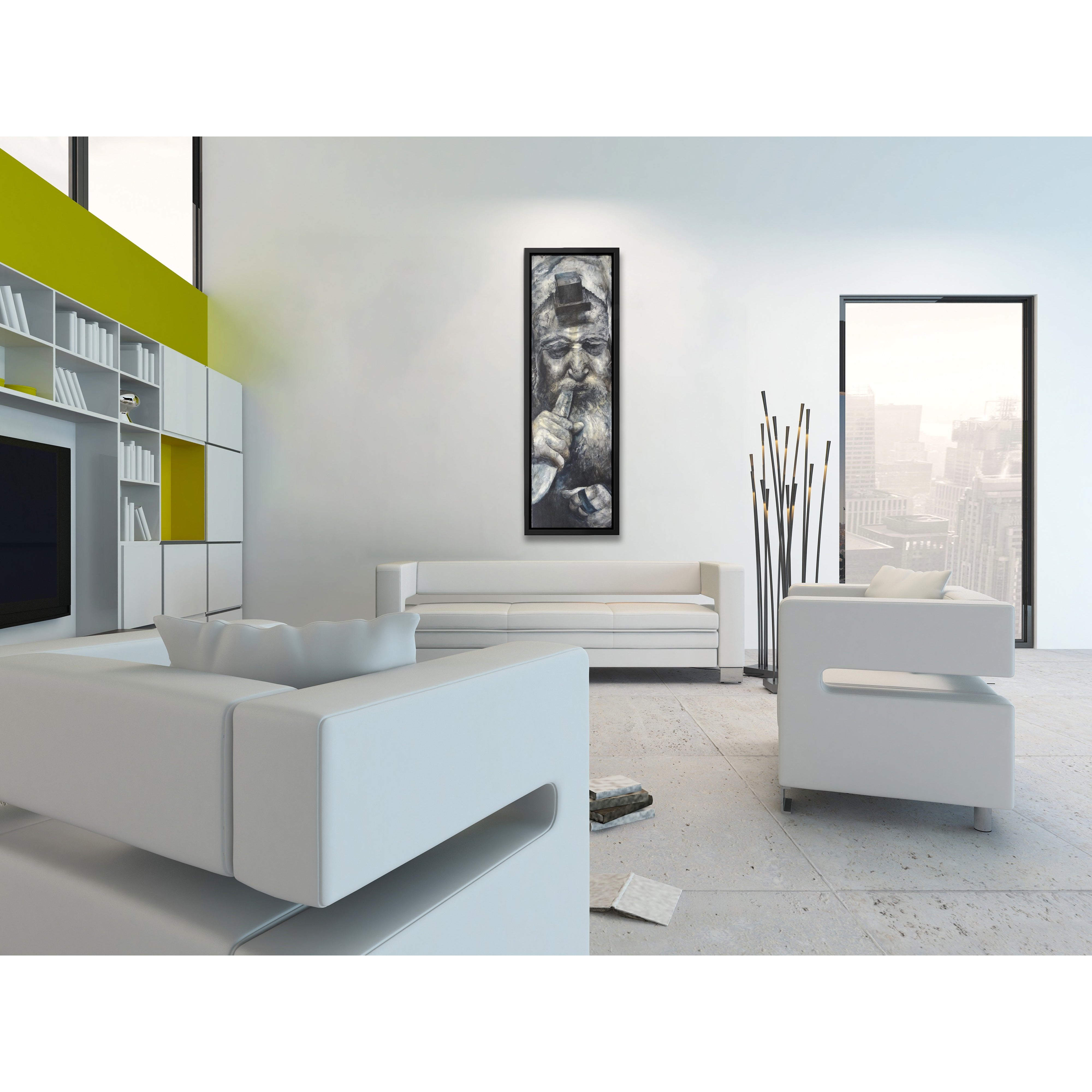 Dramatic Shofar Rabbi - 40x12 Vertical Jewish Art in Black & White, depicting a Rabbi blowing the shofar, captures a solemn Jewish ritual.