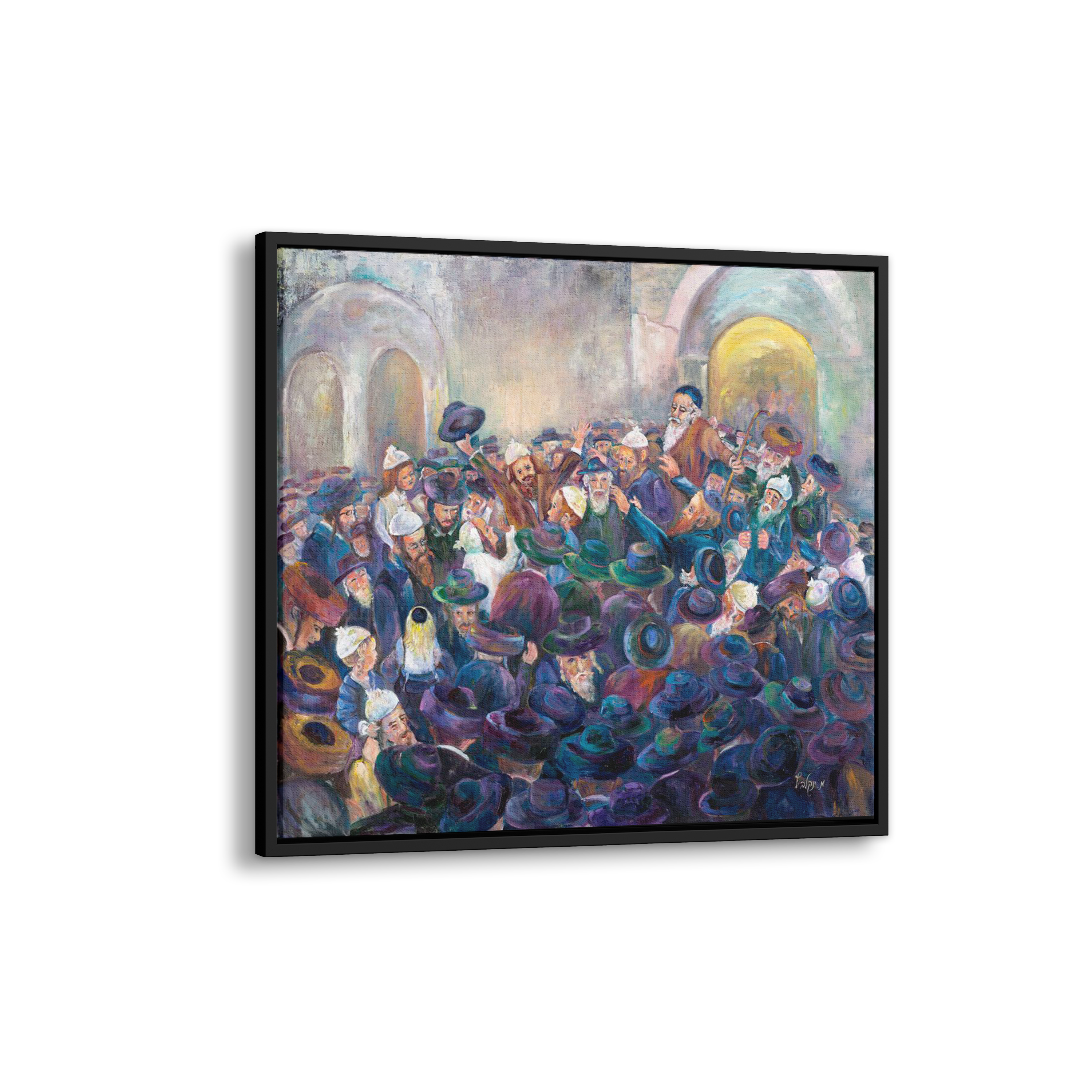 Rabbi Shimon's Lag BaOmer - 35x35 Vibrant Jewish Art depicting a festive crowd dancing on Mount Meron, celebrating Jewish heritage in modern art style.