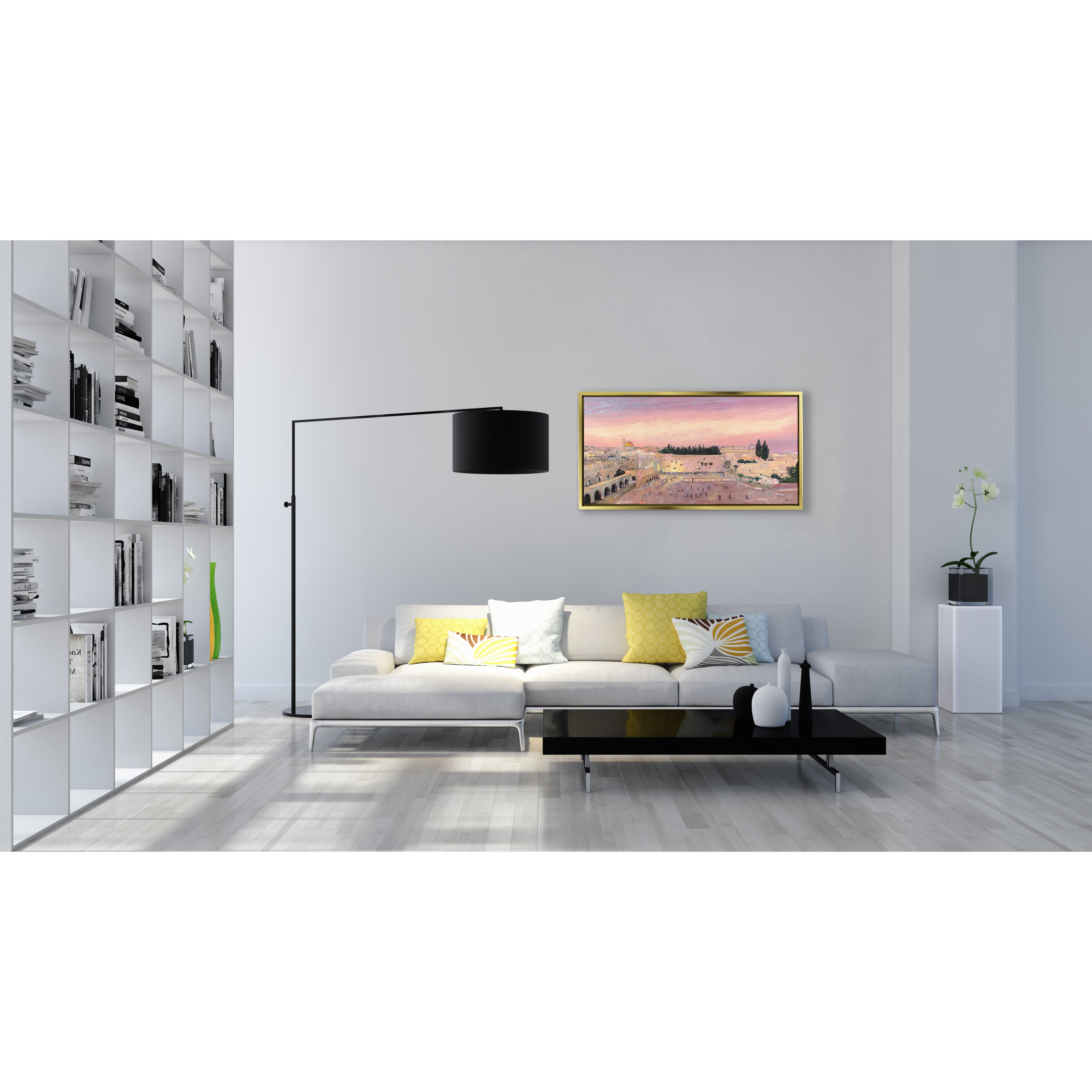 Western Wall Sunset by M. Yankelevitch - Pink, 55x28\ Jewish art piece displayed in a modern living room with a white couch and black table.