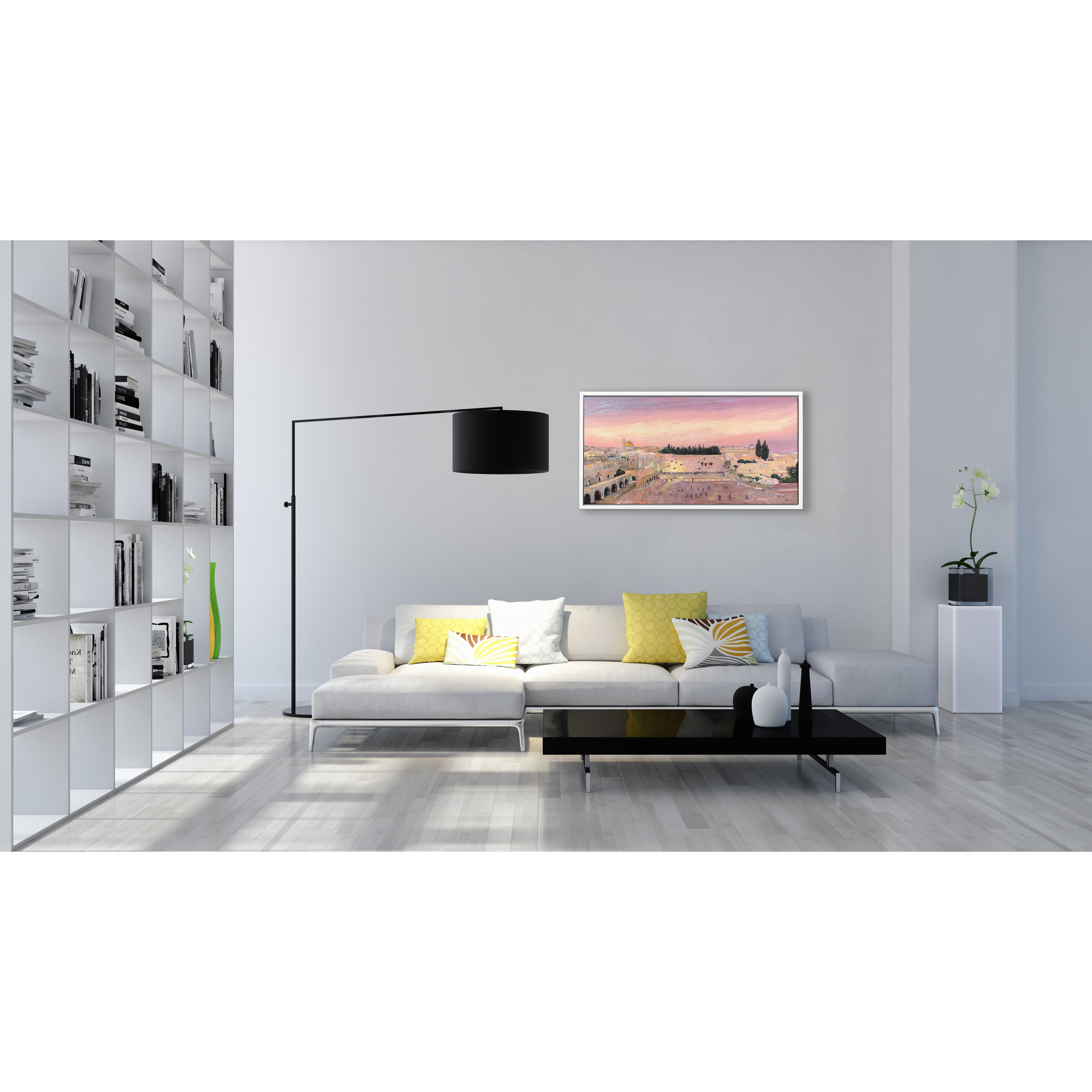 Western Wall Sunset by M. Yankelevitch, 55x28 Jewish art, displayed in a modern living room with a white couch and black table.