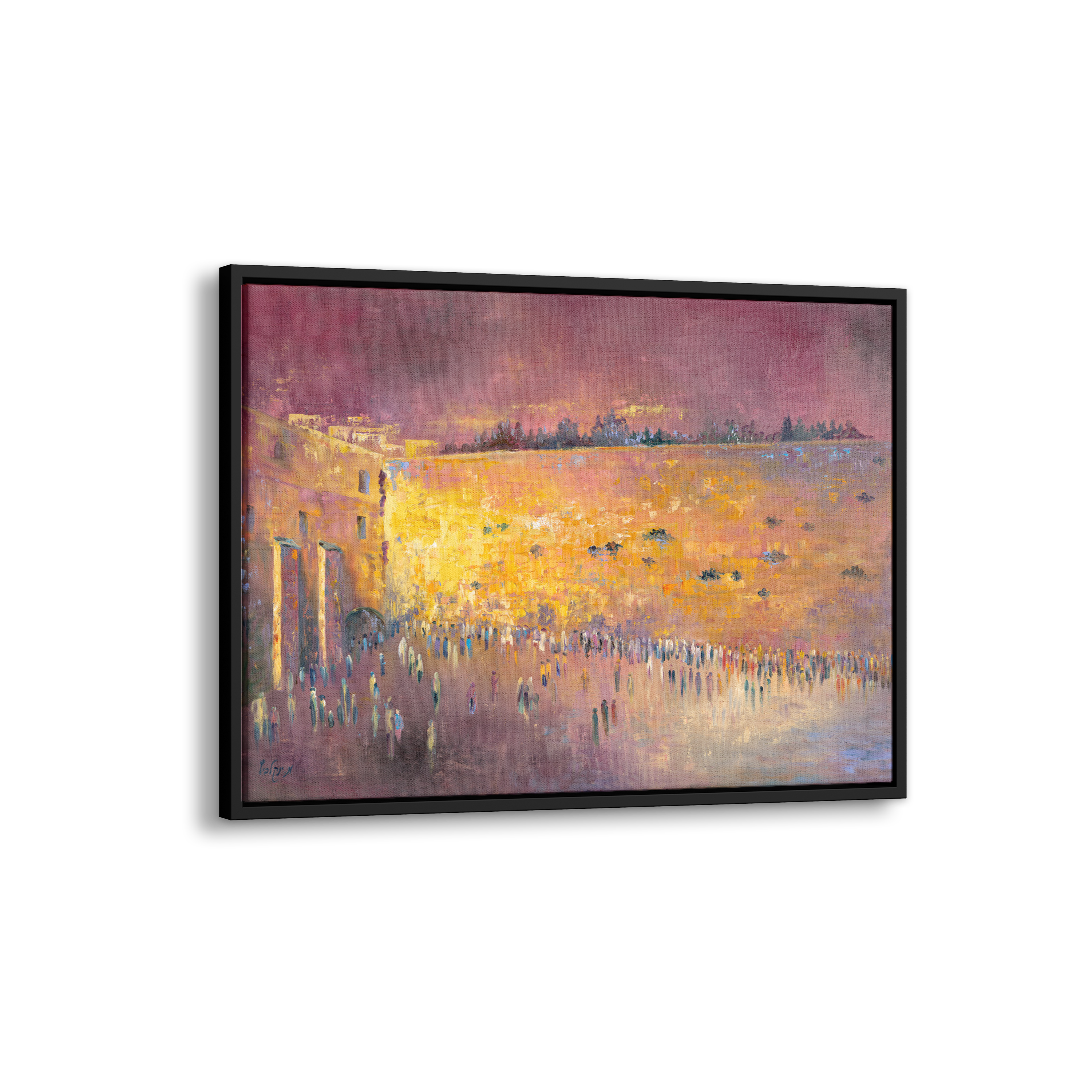 Western Wall Sunset Painting - 40x28 Jewish Heritage Art, capturing serene dusk hues over the sacred site, perfect for Judaica collections and Jewish home decor.