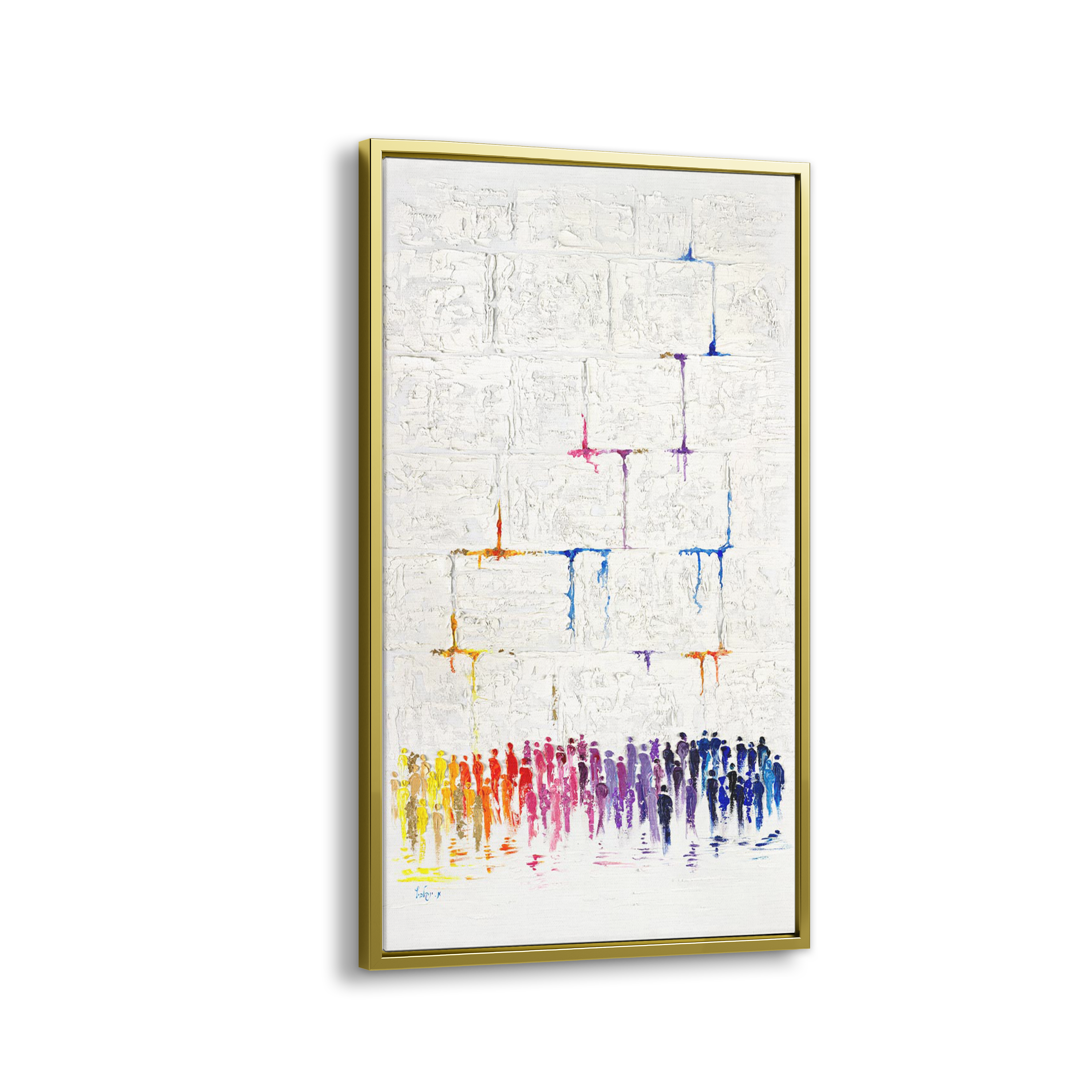 47x28 Abstract Western Wall Art in a gold frame, depicting vibrant figures in prayer, blending modern artistry with Jewish tradition.