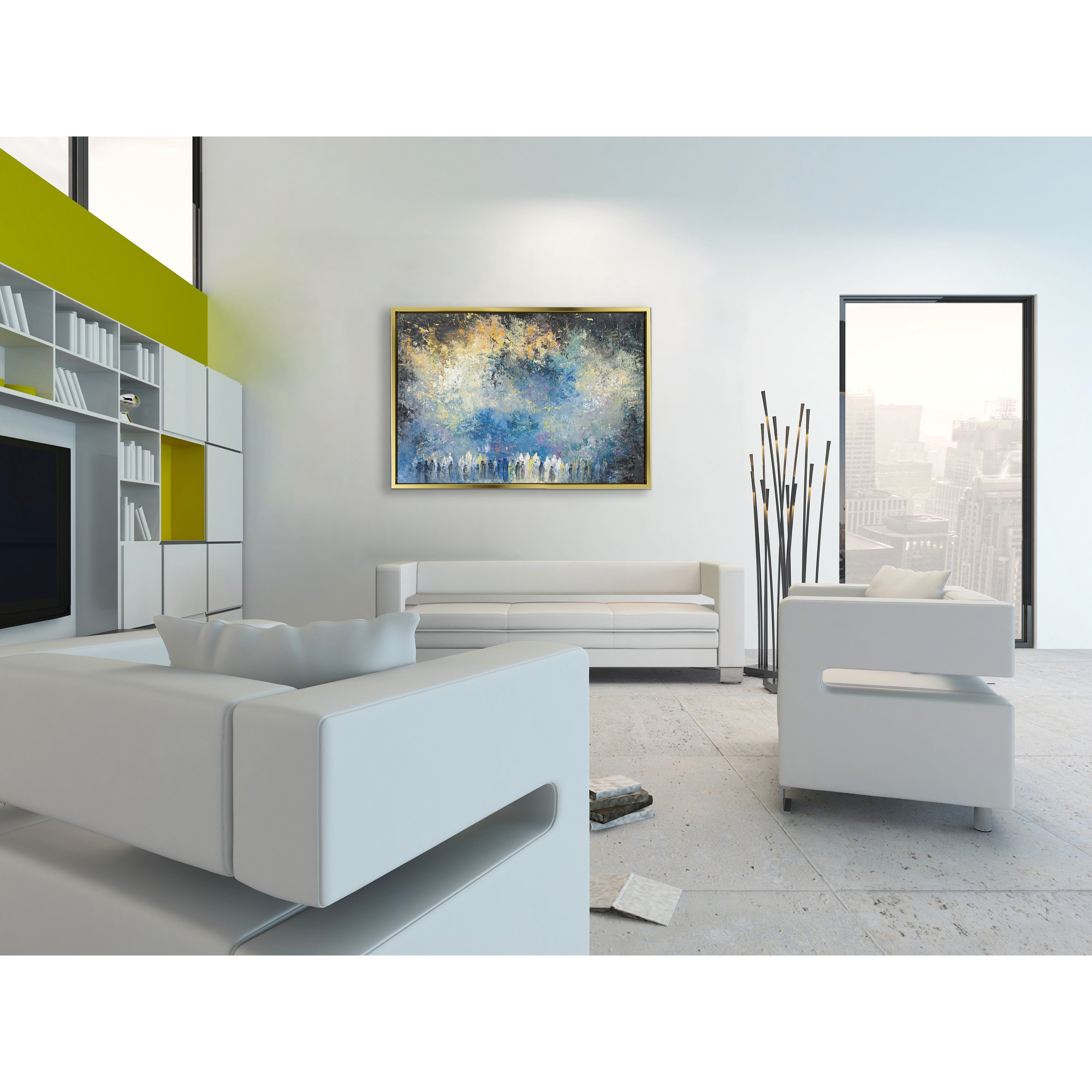 Abstract Western Wall Worshipers - 40x28 Jerusalem Judaica Art, featuring a modern depiction of worshipers in a white living room setting, enhancing Jewish home decor.