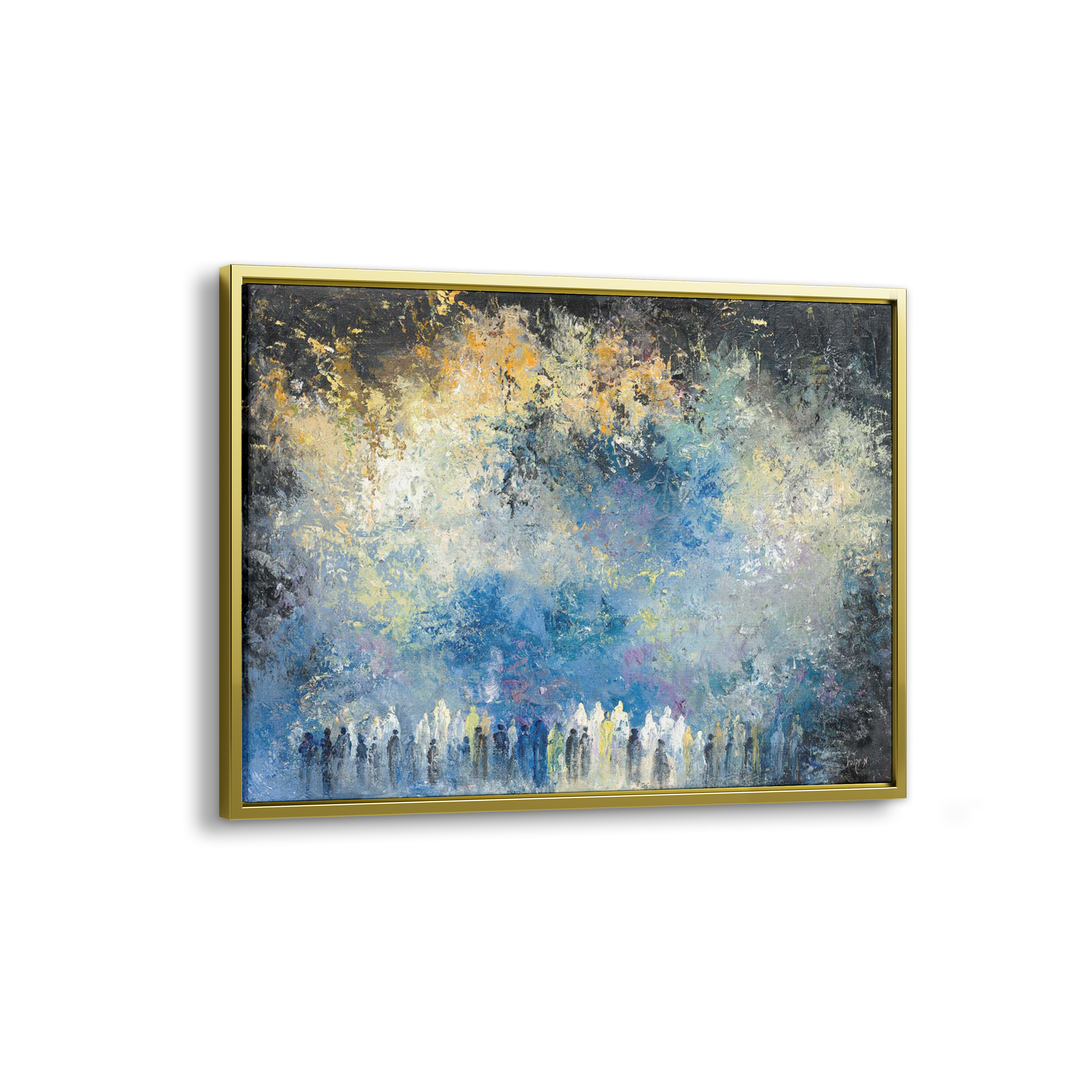 Abstract Western Wall Worshipers - 40x28 Jerusalem Judaica Art in gold frame, depicting devout worshipers in a modern, spiritual style. Perfect for Jewish art collections.