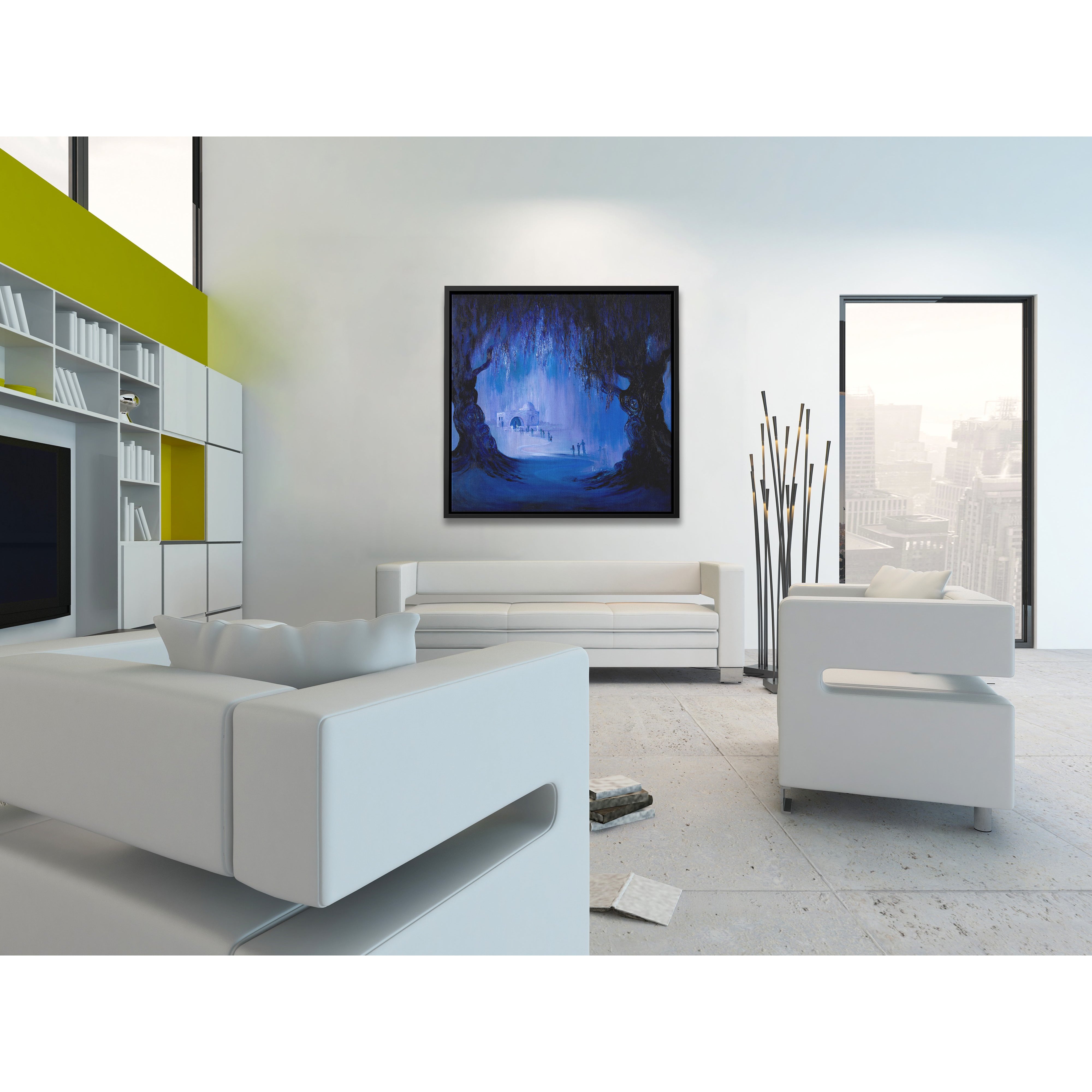 Rachel's Tomb at Night Abstract - 35x35 painting, featuring dark, glowing tones in a modern Judaica style, displayed in a bright living room setting.