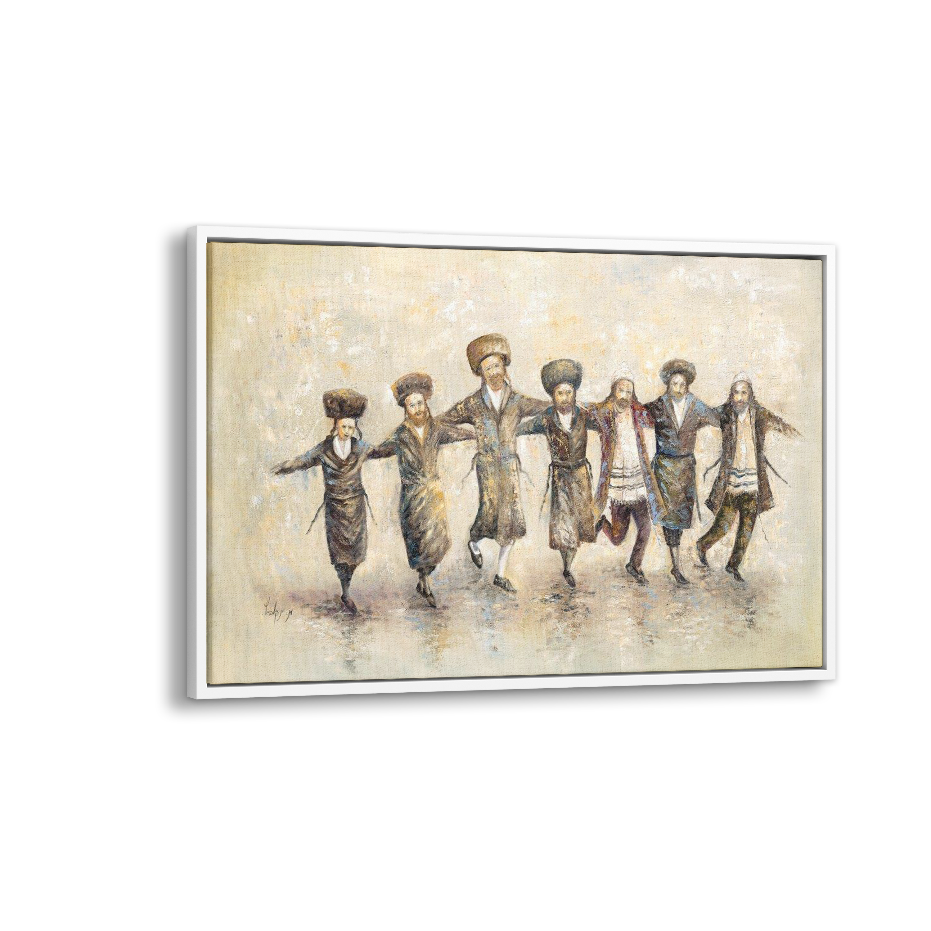 Jewish Unity Dance Painting - 43x28 depicts seven people joyously dancing, symbolizing Jewish community harmony, rendered in warm browns, ideal for Judaica art enthusiasts.