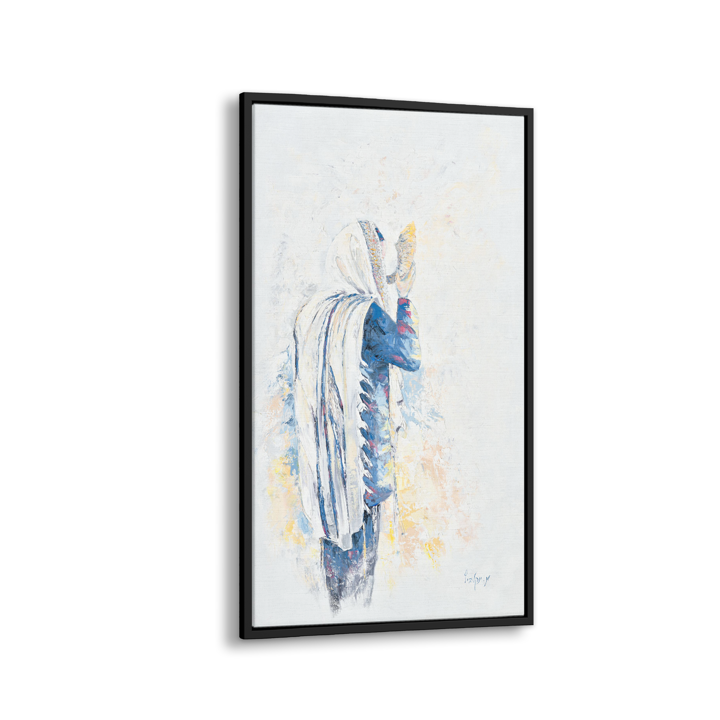 Echoes of Tradition - Shofar in Blue: A 24x40 canvas depicting a Jew in a turban blowing a shofar, embodying Jewish heritage.