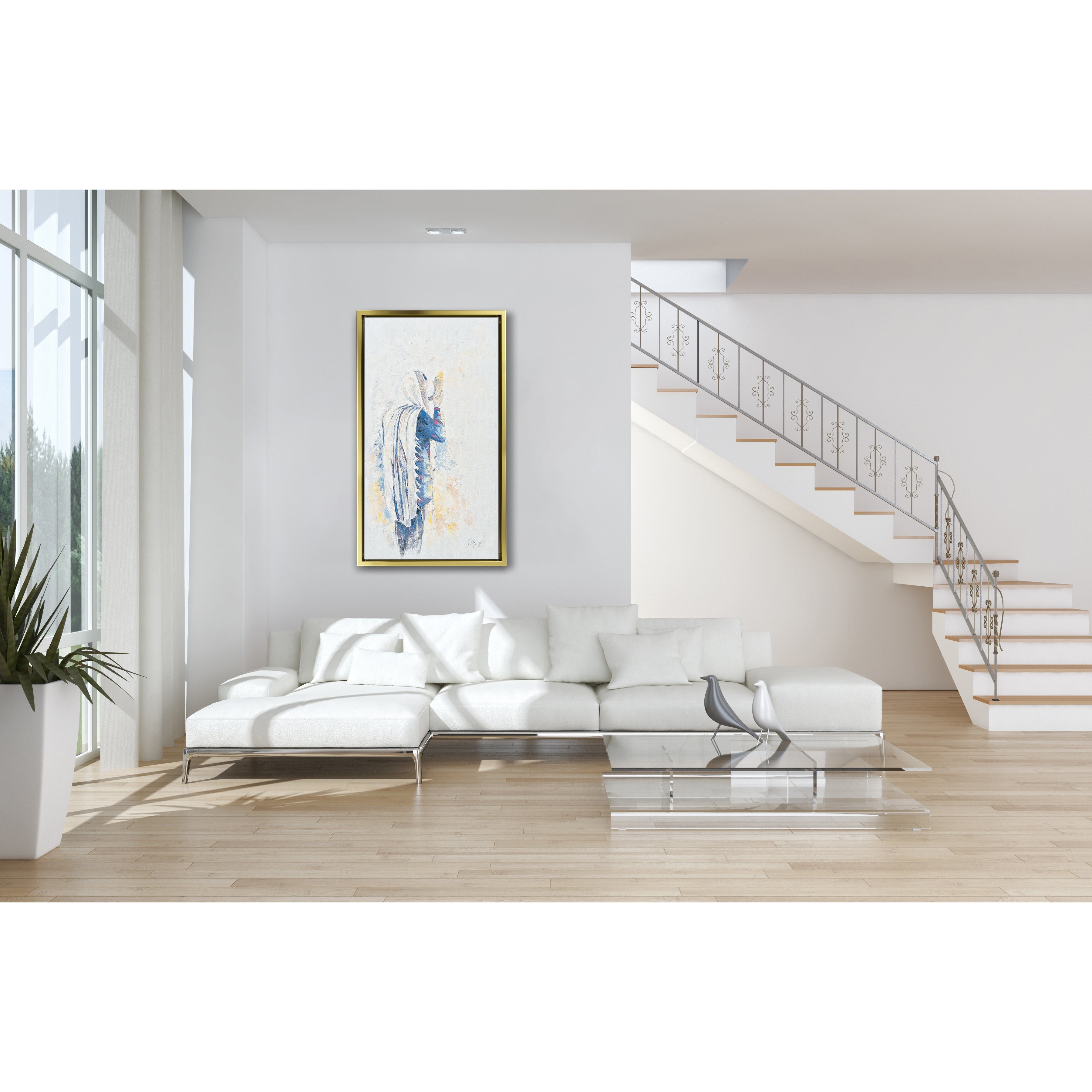 Echoes of Tradition - Shofar in Blue - 24x40 Jewish Canvas Art displayed above a white couch, capturing Jewish spiritual essence and culture.