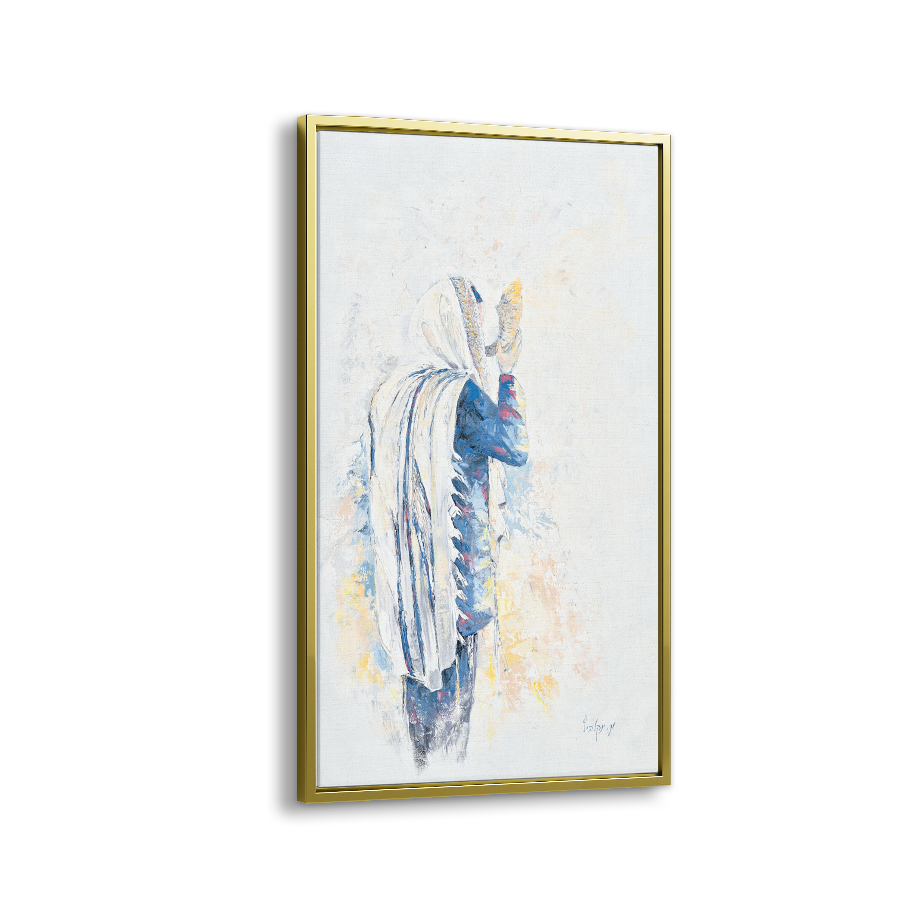 Echoes of Tradition - Shofar in Blue - 24x40 Jewish Canvas Art depicting a Jew in a turban blowing a shofar, conveying Jewish spiritual traditions.