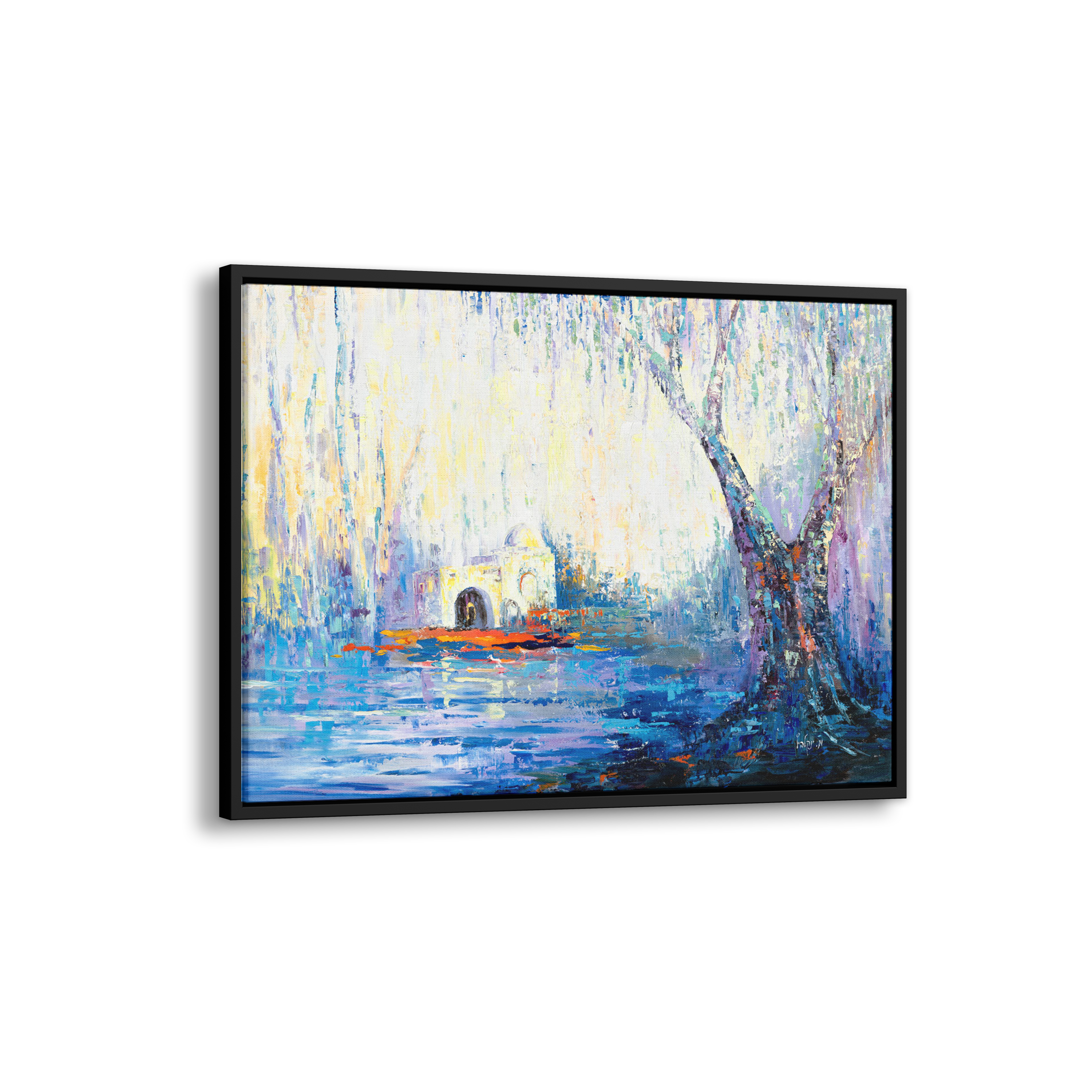 Rachel's Tomb Abstract - 40x28 Blue & White Modern Judaica painting, featuring a house and a tree in a serene, abstract style at Ben Ari Art Gallery.