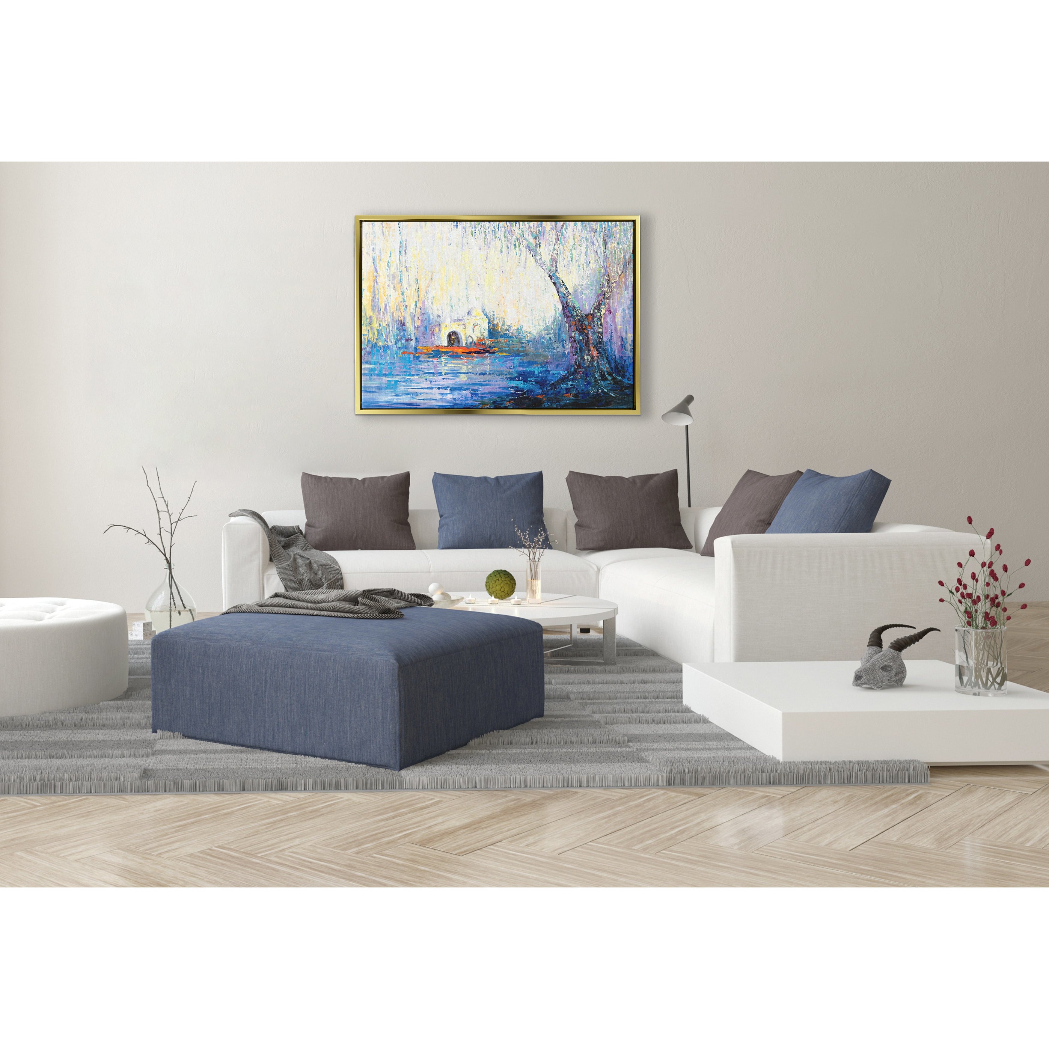 Rachel's Tomb Abstract - 40x28 Blue & White Modern Judaica painting displayed above a white couch in a contemporary living room setting.