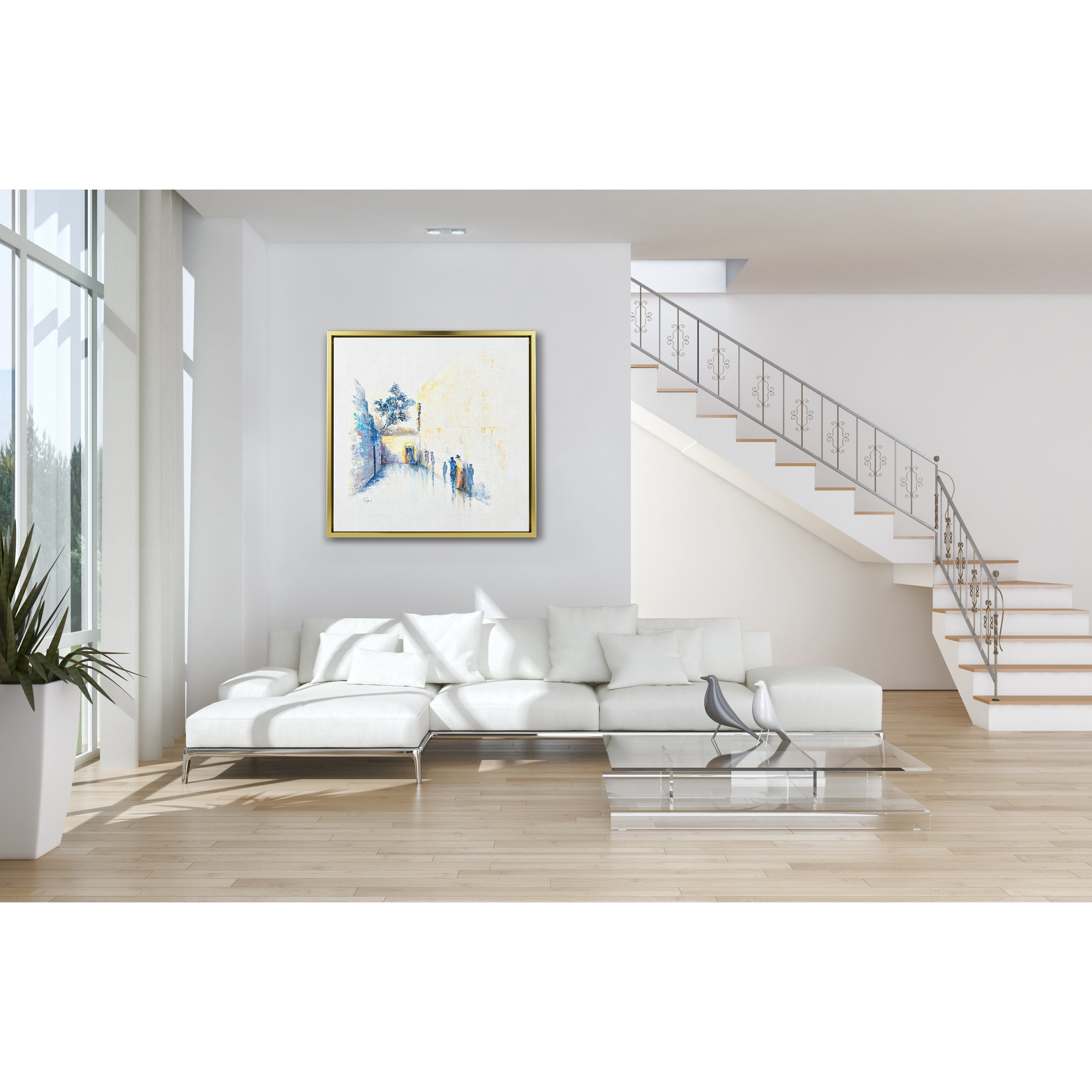 Blue & White Abstract Western Wall - 35x35 Judaica Art, displayed above a white couch, featuring a modern interpretation of a significant Jewish cultural symbol.