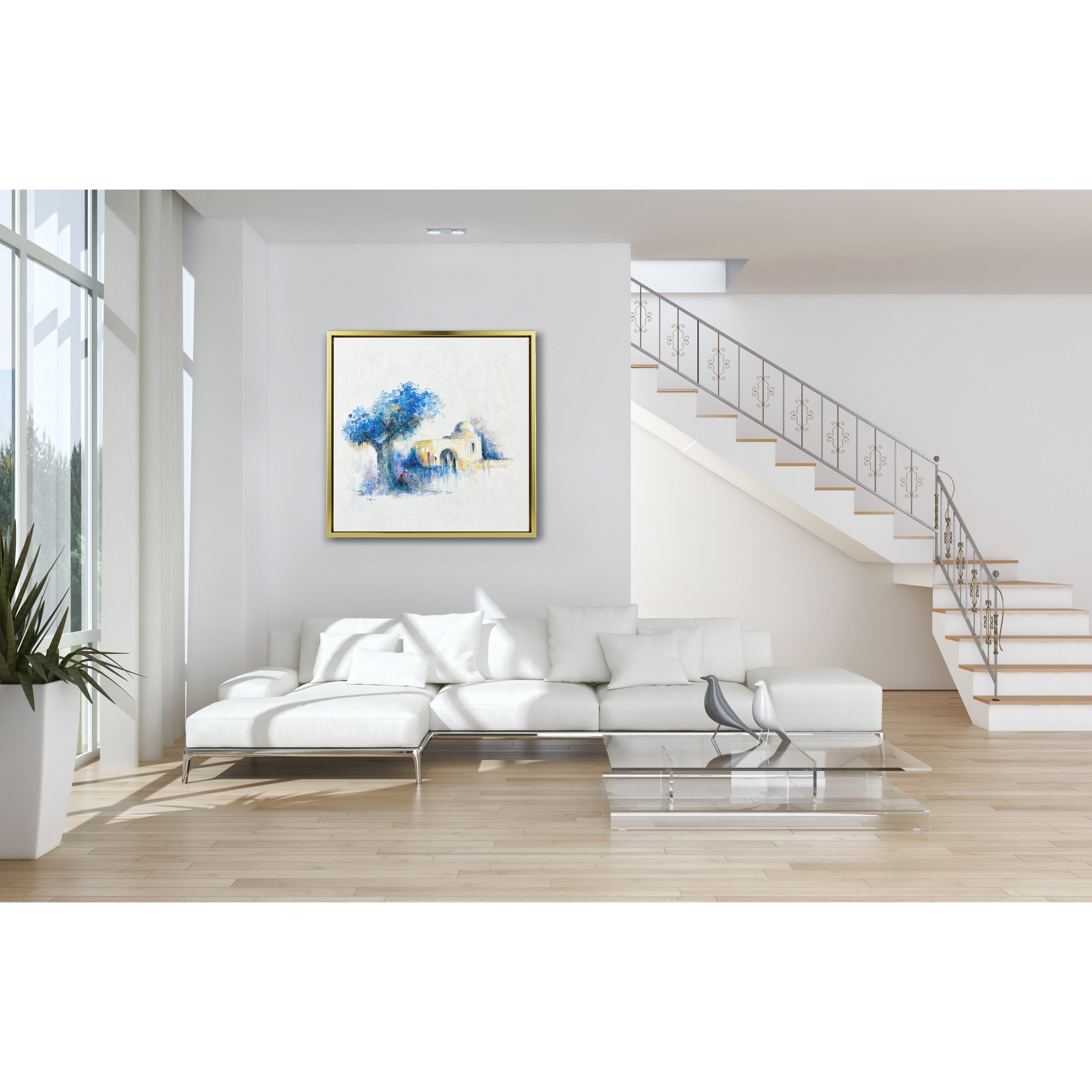 Abstract Rachel's Tomb Art - 35x35 in Blues, Judaica Decor, featuring a serene depiction of Rachel's Tomb, adding modern elegance to Jewish home decor.