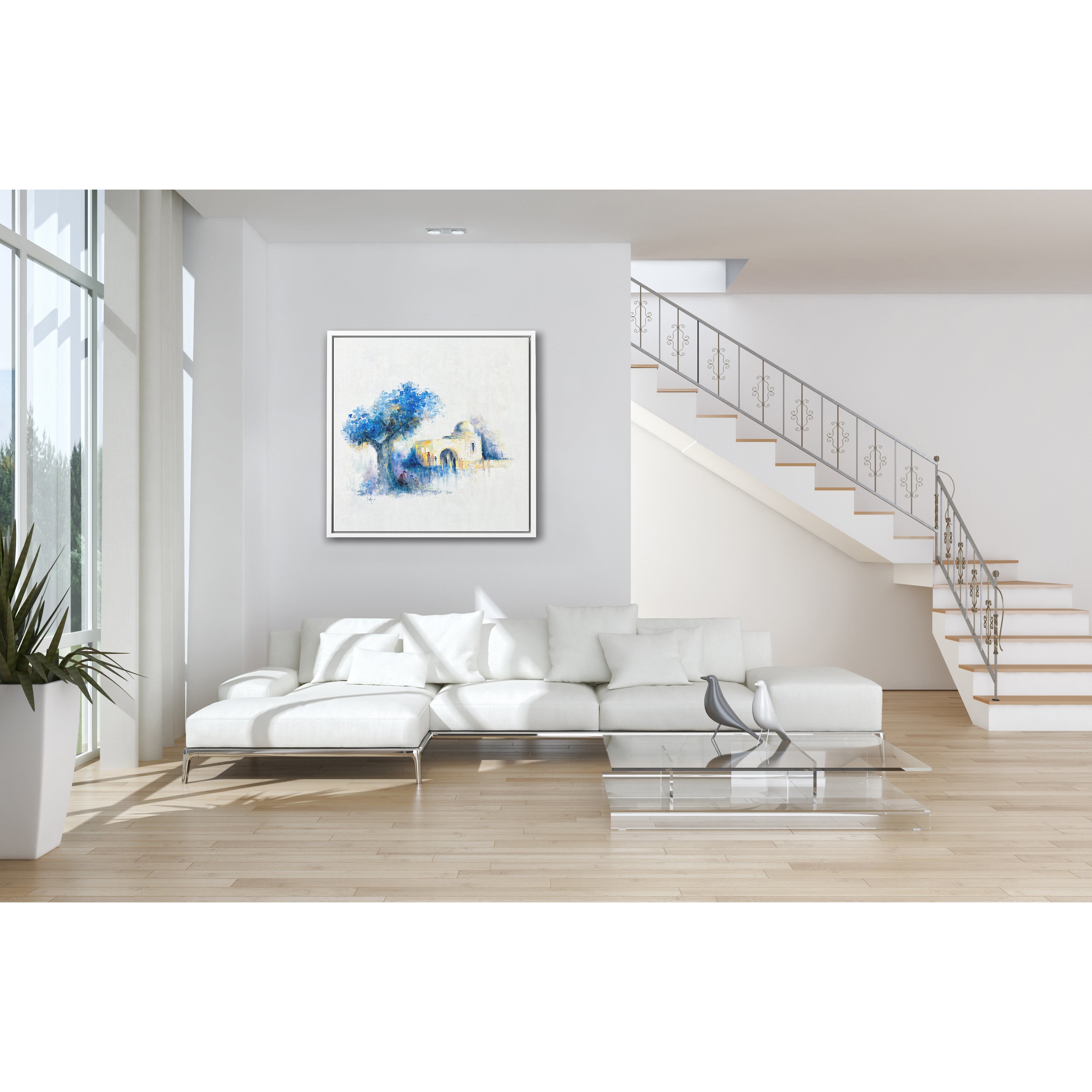 Abstract Rachel's Tomb Art - 35x35 in Blues, Judaica Decor, featuring a serene blue and white painting in a modern living room setting.