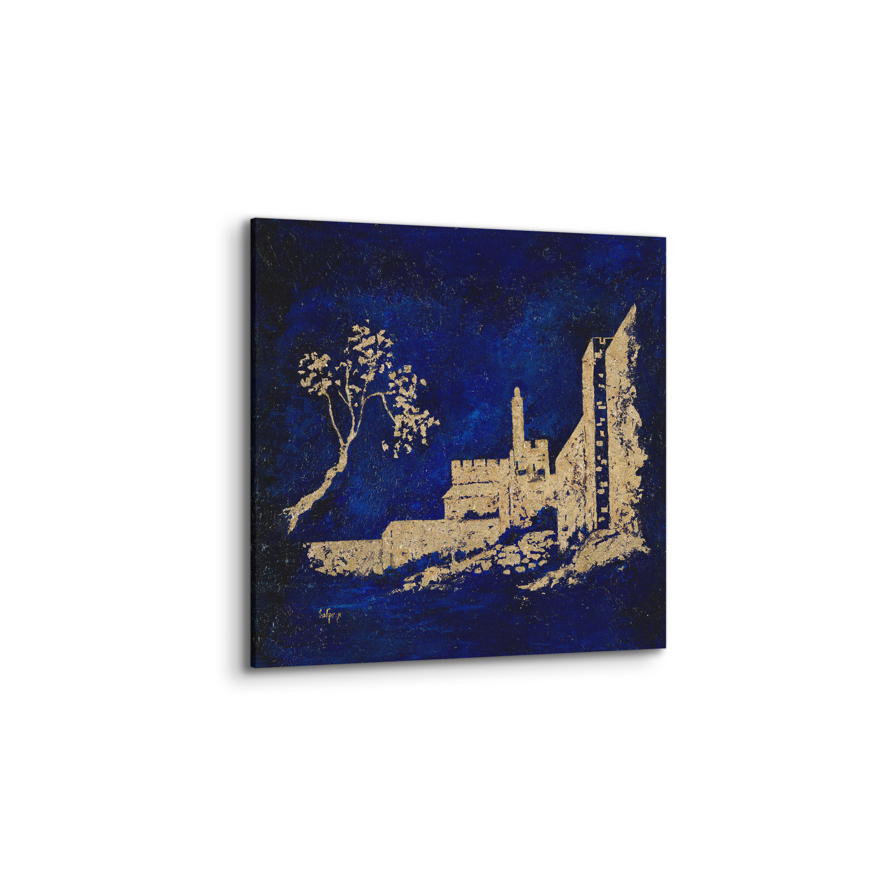 Gold Leaf Tower of David Painting - 28x28 Jewish Art, showcasing Jerusalem's iconic landmark with exquisite gold leaf detailing for a luxurious and cultural home decor piece.