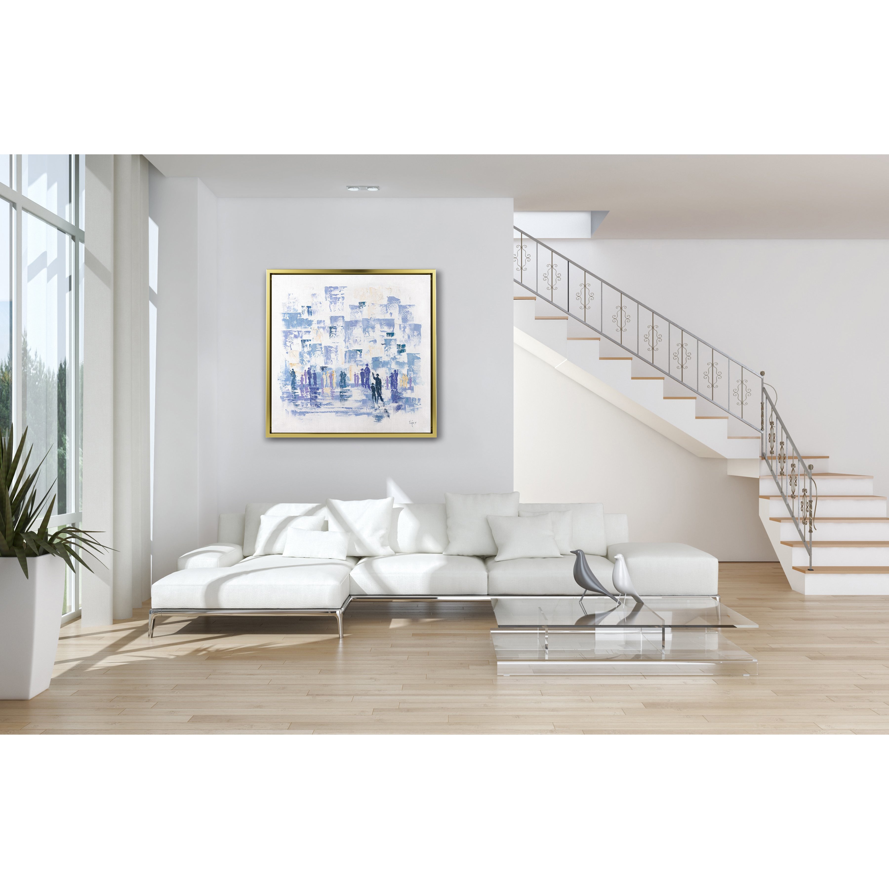 Modern Western Wall Abstract - 35x35 Blue & White Judaica Canvas with serene abstract design, displayed above a white couch in a stylish, contemporary living room.