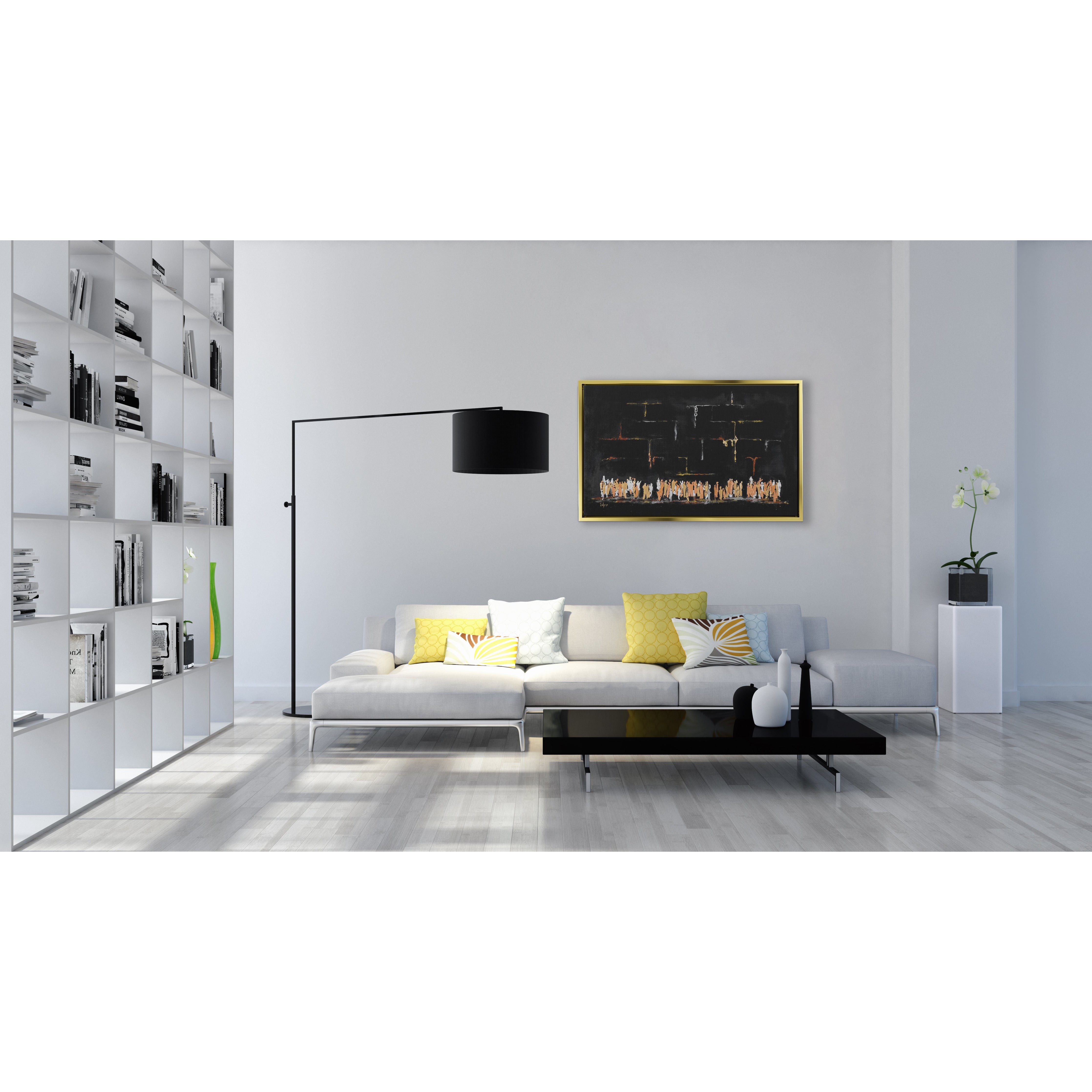Black Abstract Western Wall Art - 51x31 Modern Judaica Canvas, featuring a striking black abstract design, displayed in a stylish white living room with contemporary decor.