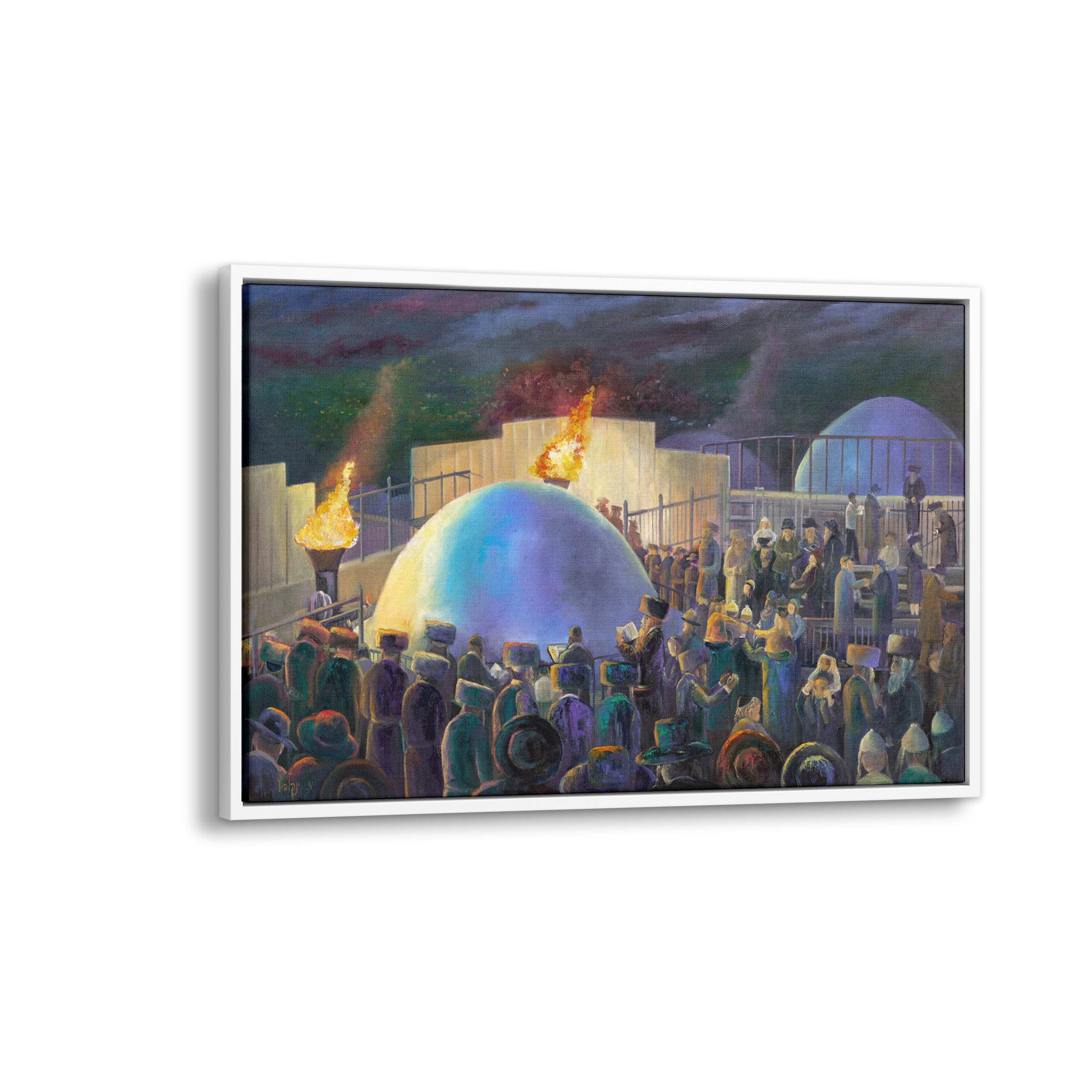 Mount Meron Dance - 40x24 painting showcases a vibrant crowd celebrating Rabbi Shimon Bar Yochai, capturing Jewish cultural joy with dynamic art.
