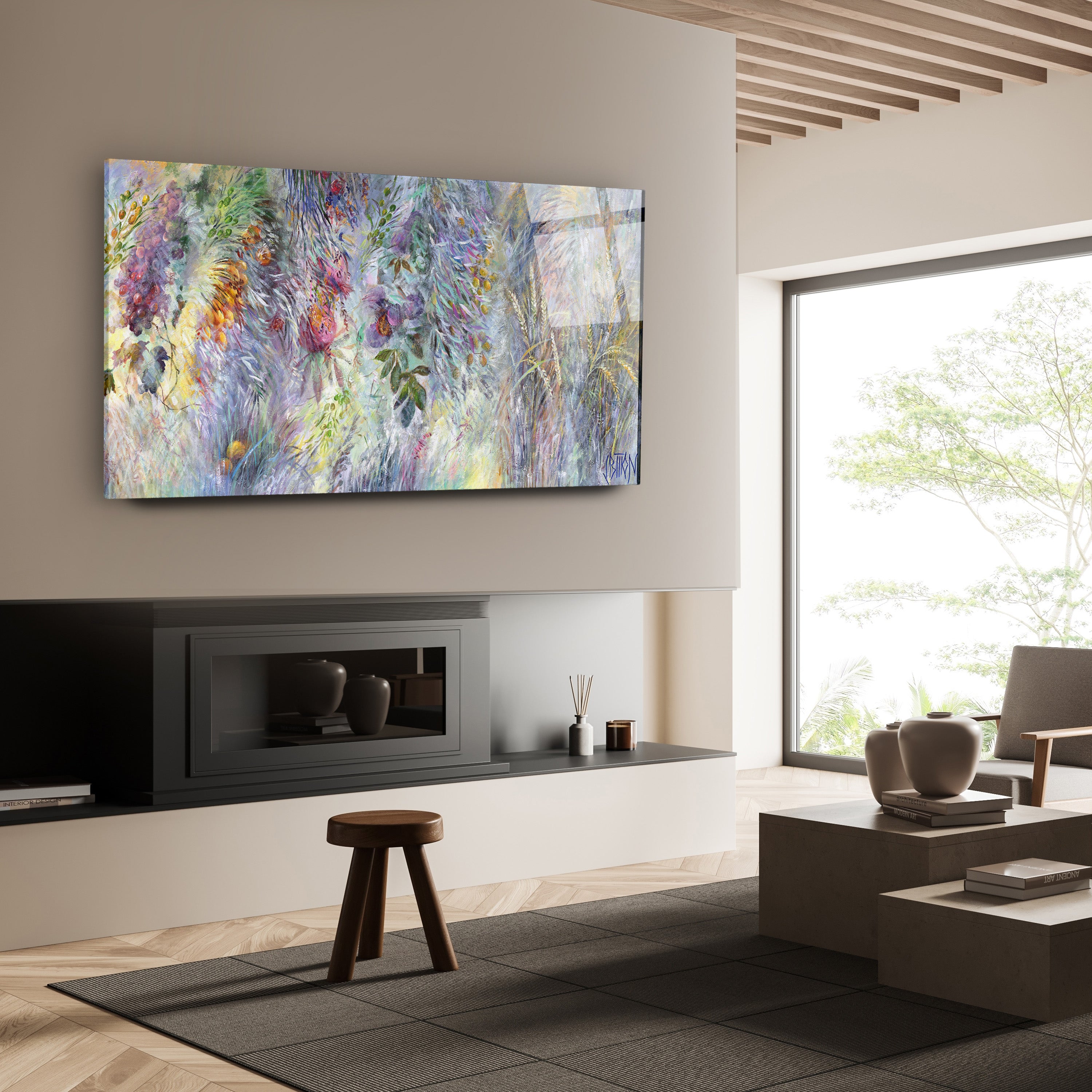 Colorful Seven Species of Israel - Modern Jewish Art Print by Yossi Bitton displayed in a living room