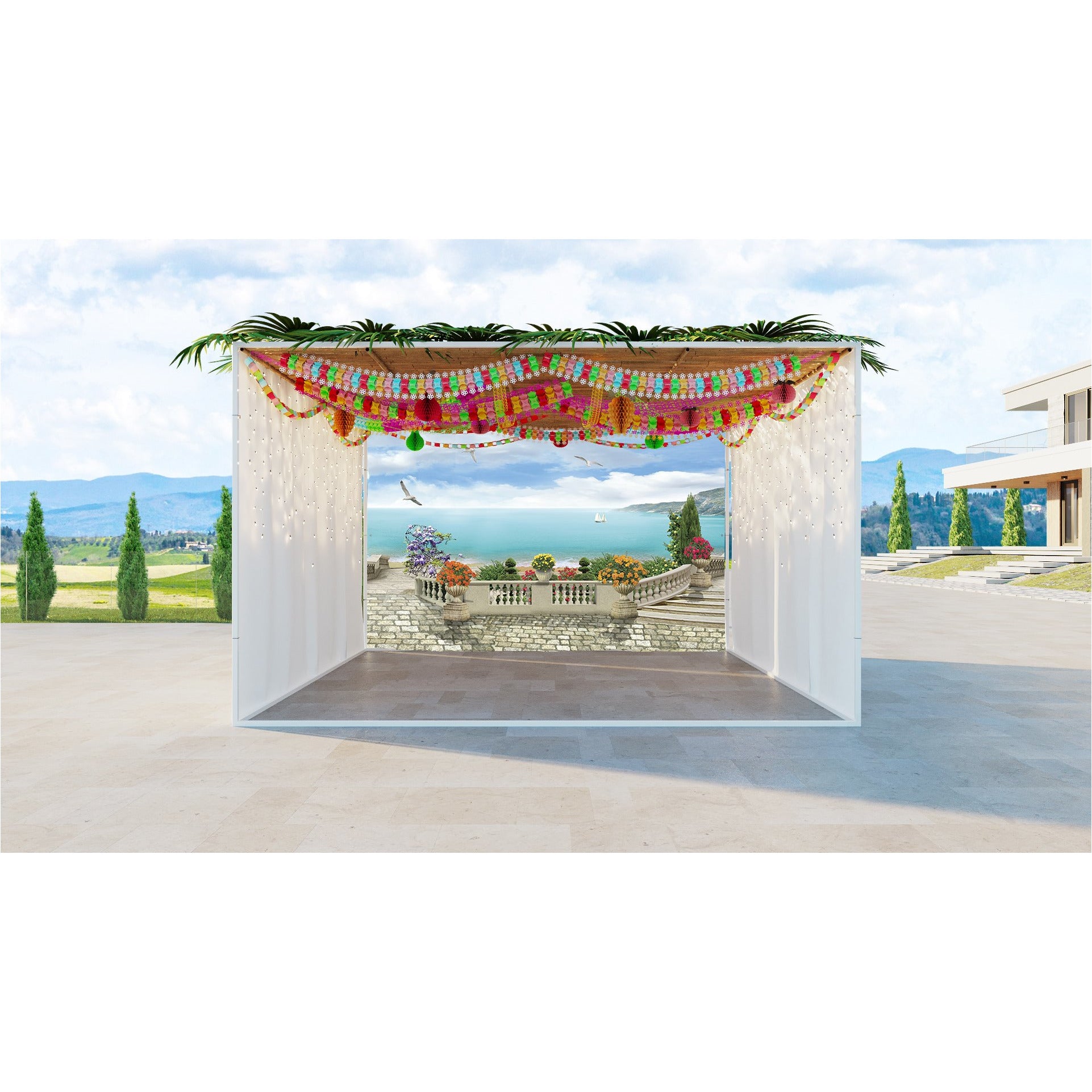 Blue Sea and Sky View Fabric depicting a tranquil sea and sky with a stone balcony and flower pots, ideal for peaceful Sukkah decor.