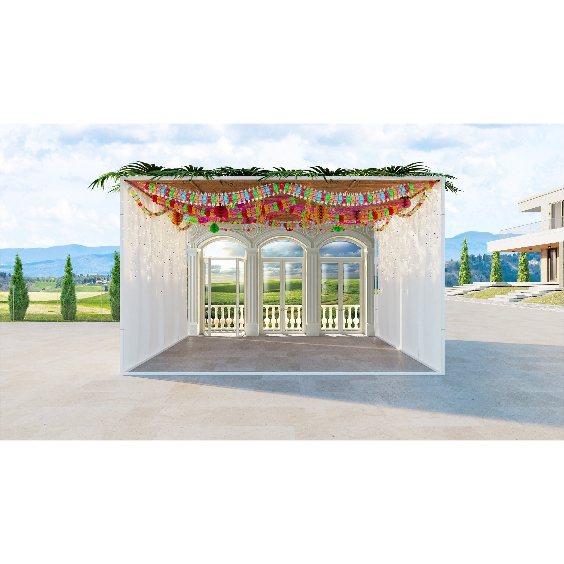 Green Summer Landscape with Blue Sky Balcony View Fabric featuring lush greenery and expansive sky, ideal for creating a spacious Sukkah ambiance.