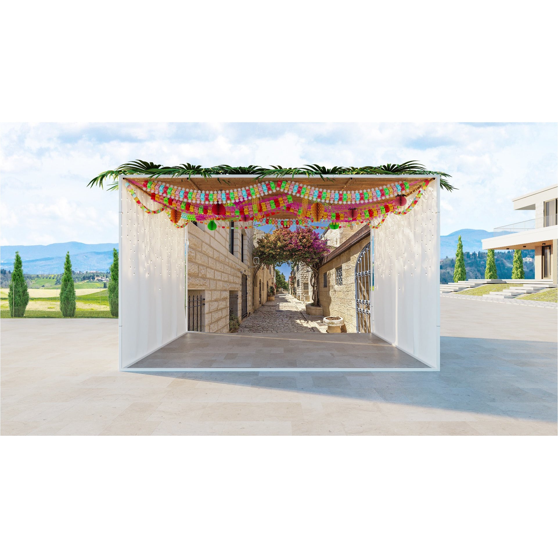Jerusalem Alley & Floral Bush Fabric: A Sukkah decor showcasing a quaint Jerusalem alley with stone paving and colorful floral garlands, UV and waterproof.
