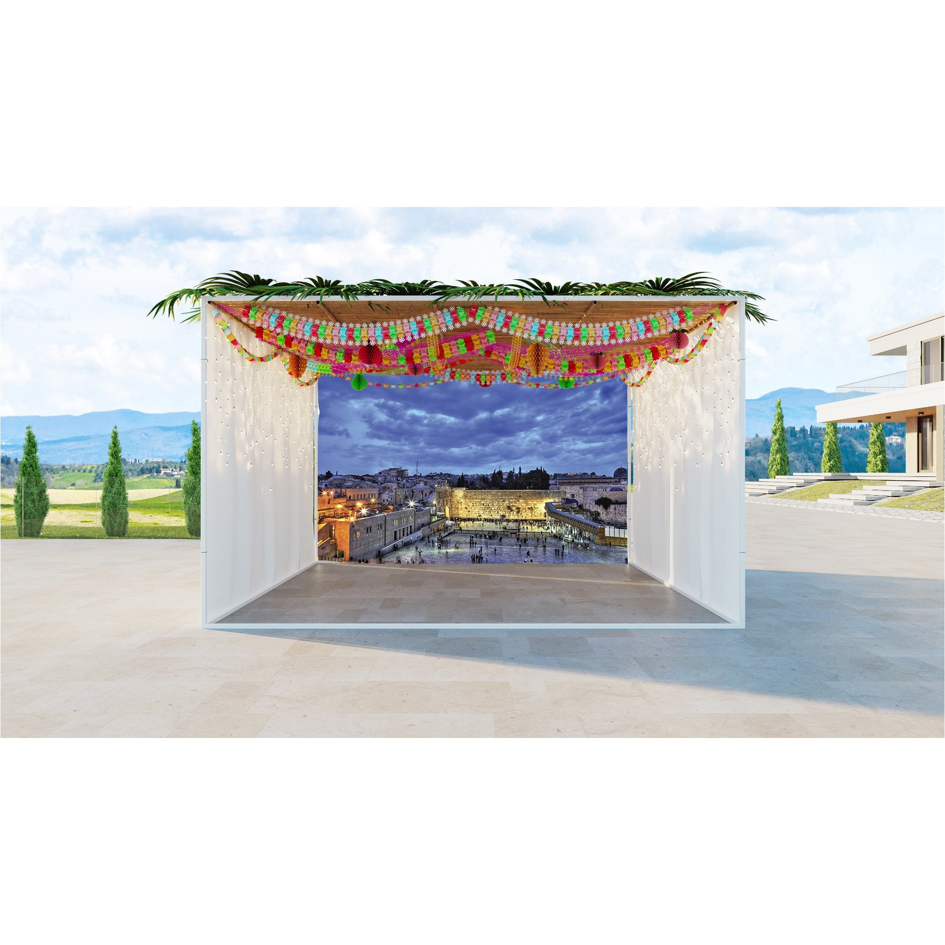 Jerusalem Western Wall Evening Photo Fabric for Sukkah decor, featuring serene dusk imagery, UV and waterproof, with metal grommets for easy hanging.