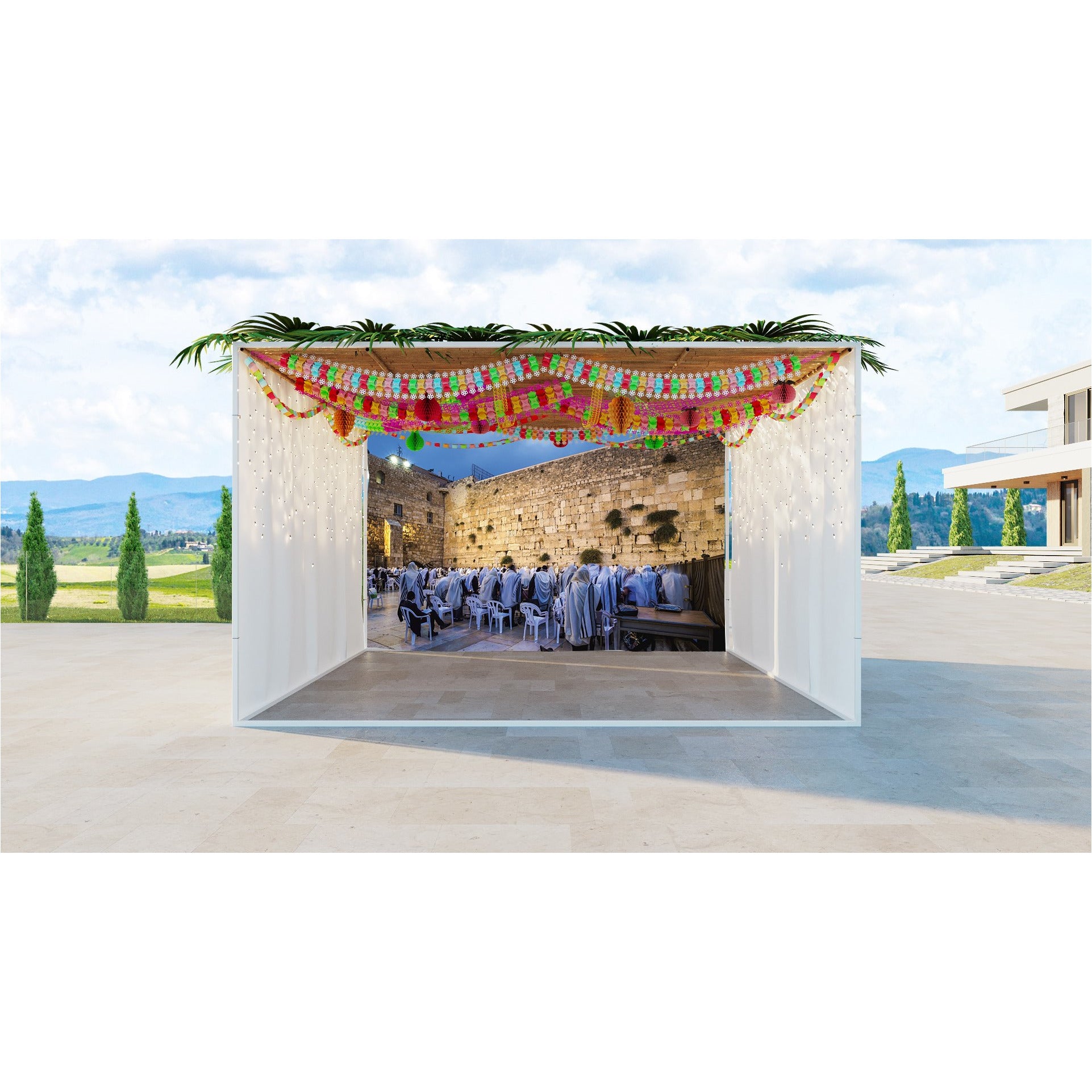 Dawn Prayer at Western Wall Sukkah Fabric features worshipers at Jerusalem's Western Wall, capturing spiritual devotion for an inspiring Sukkah backdrop.
