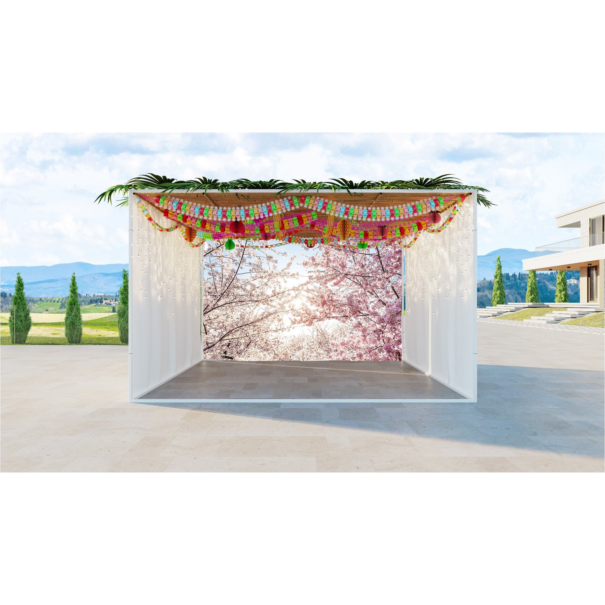 Cherry Blossom-Themed Sukkah Fabric showcasing vibrant pink and white blossoming branches, ideal for adding natural elegance to your Sukkah holiday setting.