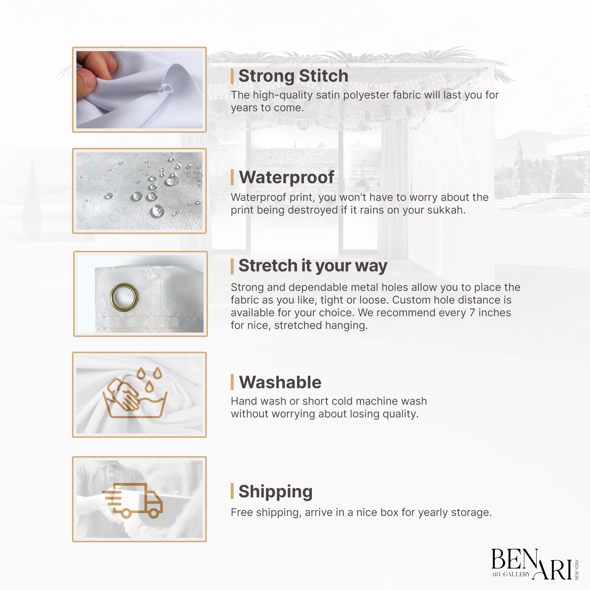 Close-up of Custom Full Sukkah Walls Fabric showcasing durable, waterproof material with metal grommets for easy hanging, ideal for personalized Sukkot decoration.