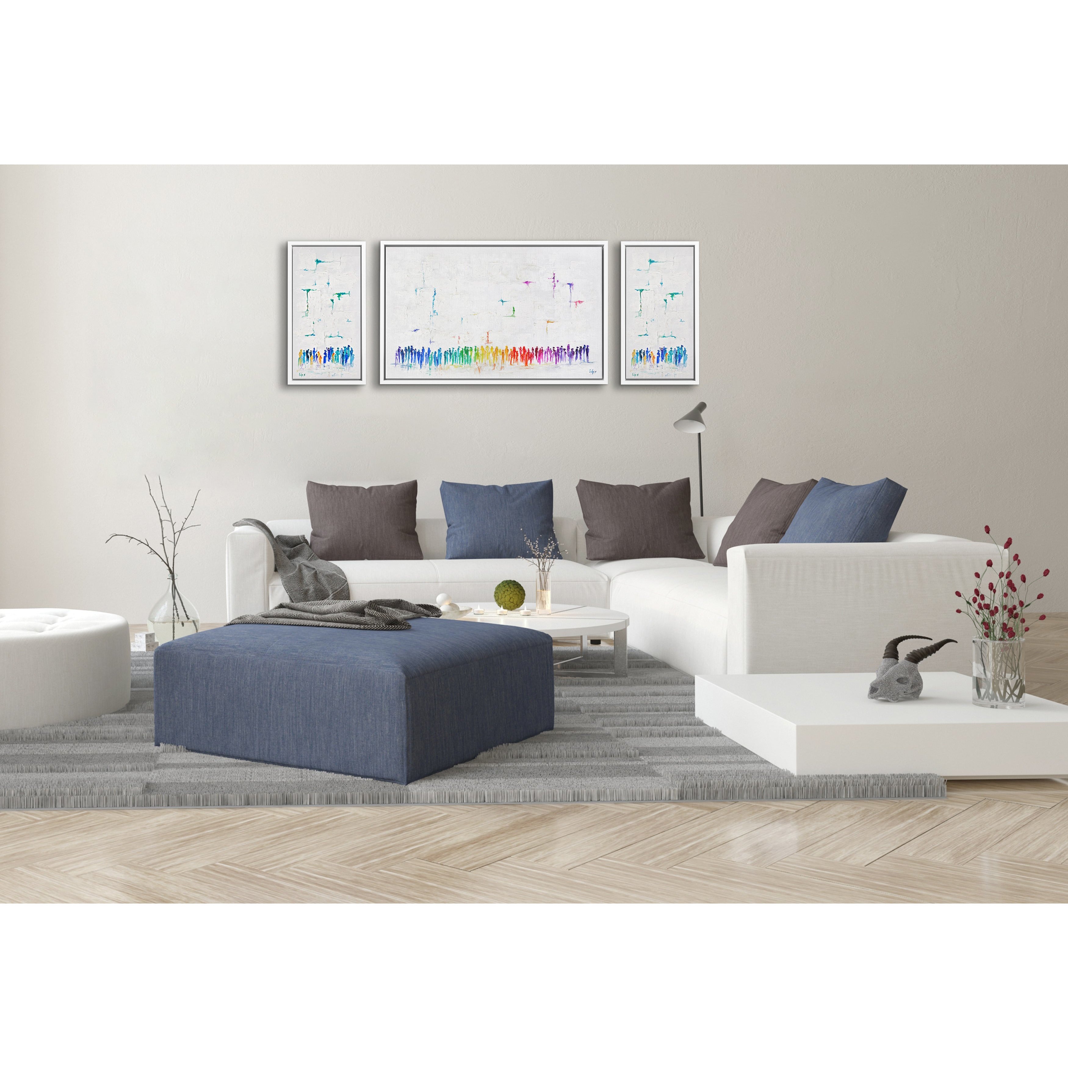 Western Wall Triptych Abstract - Colorful Judaica Panels displayed in a modern living room setting, illustrating the vibrant, contemporary Jewish art style.