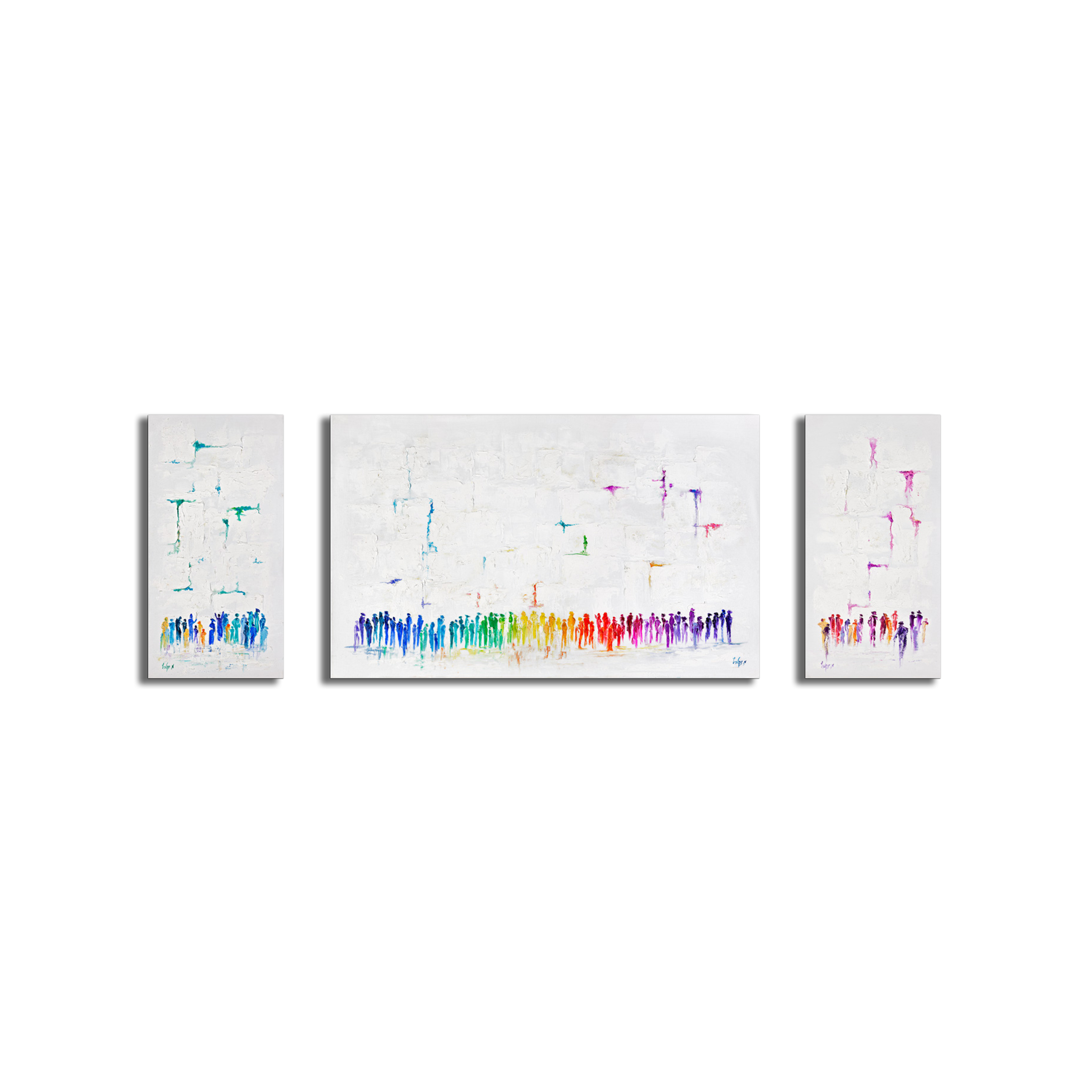 Western Wall Triptych Abstract - Colorful Judaica Panels showcasing vibrant, abstract interpretations of the Western Wall, emphasizing modern Jewish art in a three-panel layout.