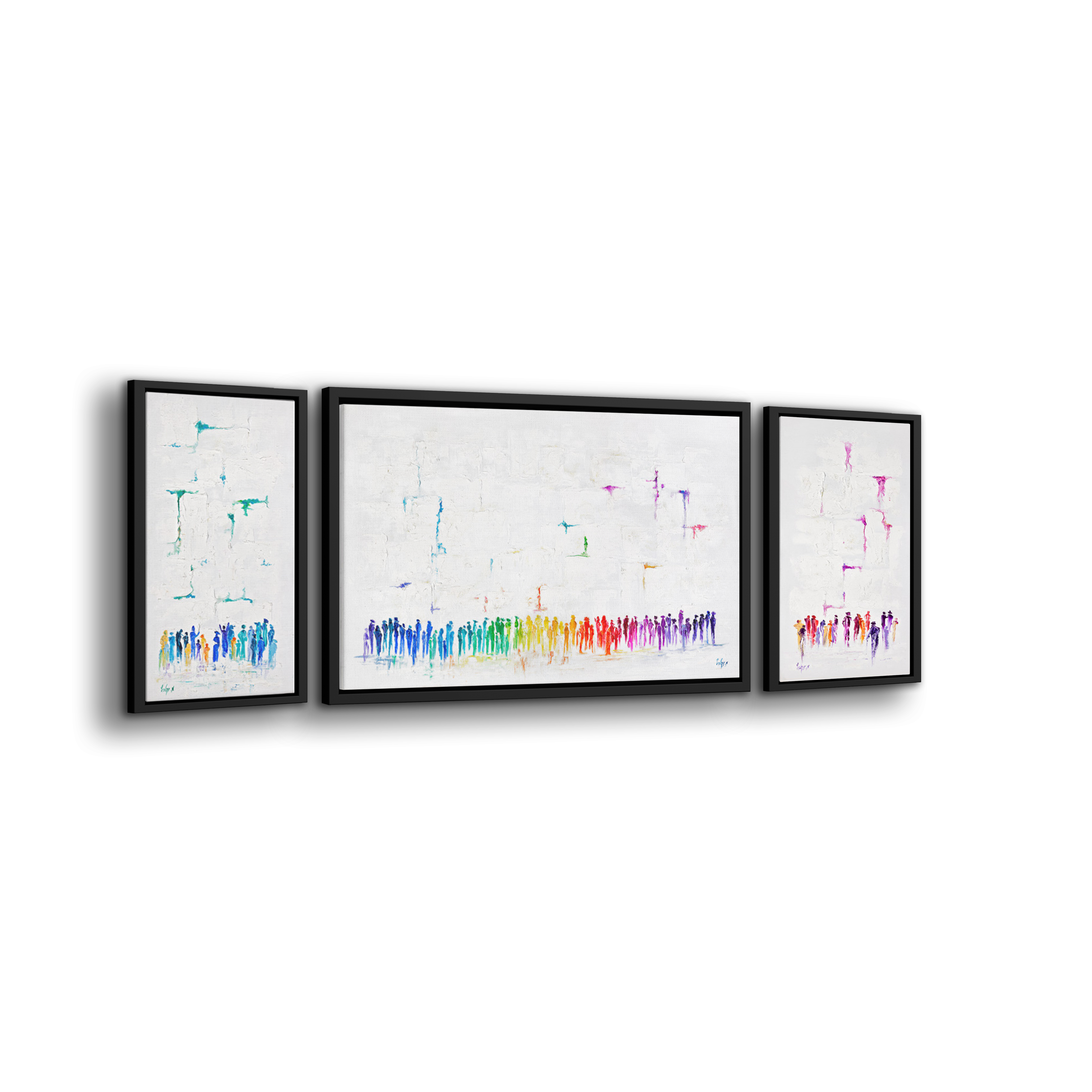 Western Wall Triptych Abstract - Colorful Judaica Panels; a dynamic three-piece artwork depicting the Western Wall, ideal for modern Jewish home decor.