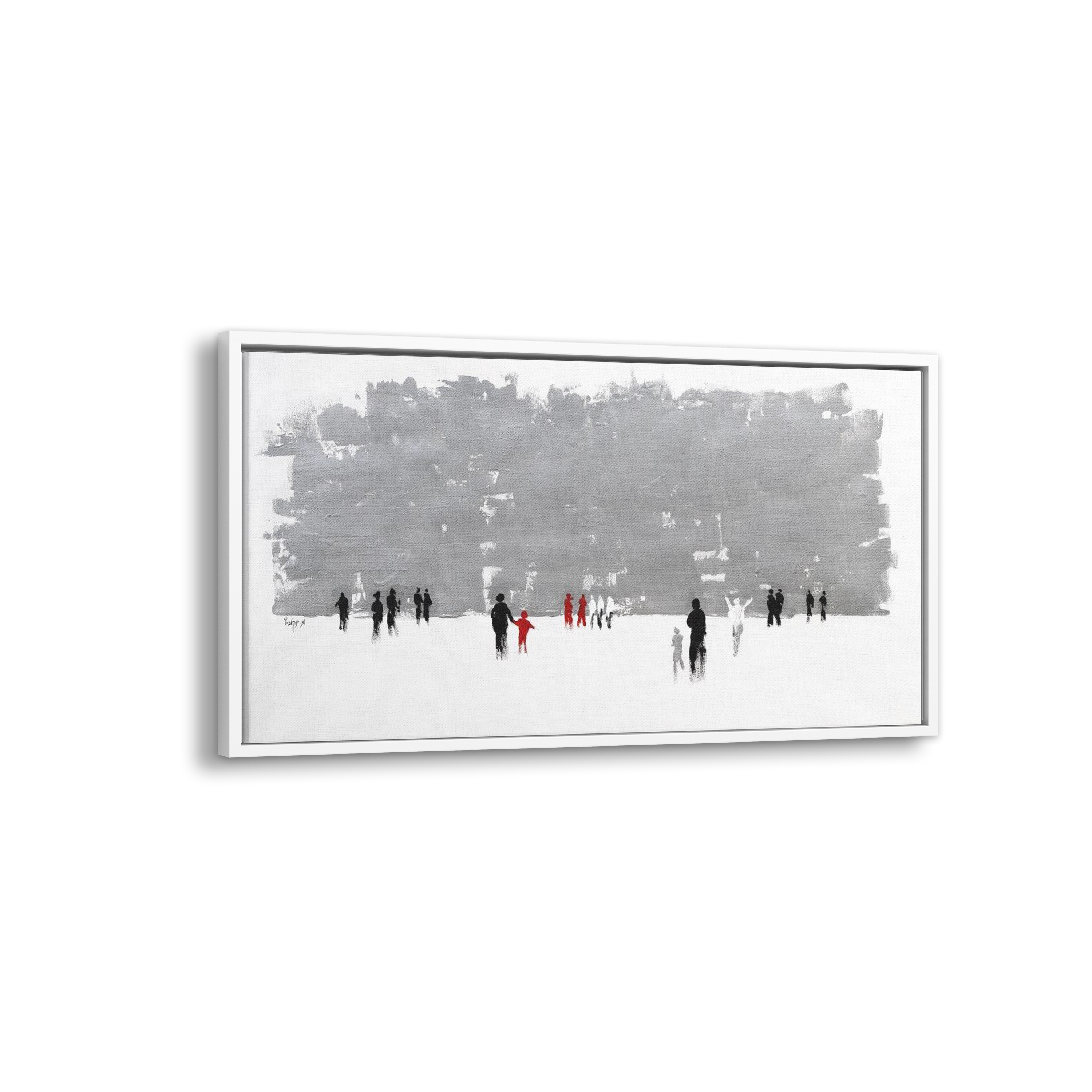 Abstract Western Wall in Grays - 51x31 Judaica Art Canvas depicting a snowy scene with people, highlighting modern Jewish resilience in gray tones.