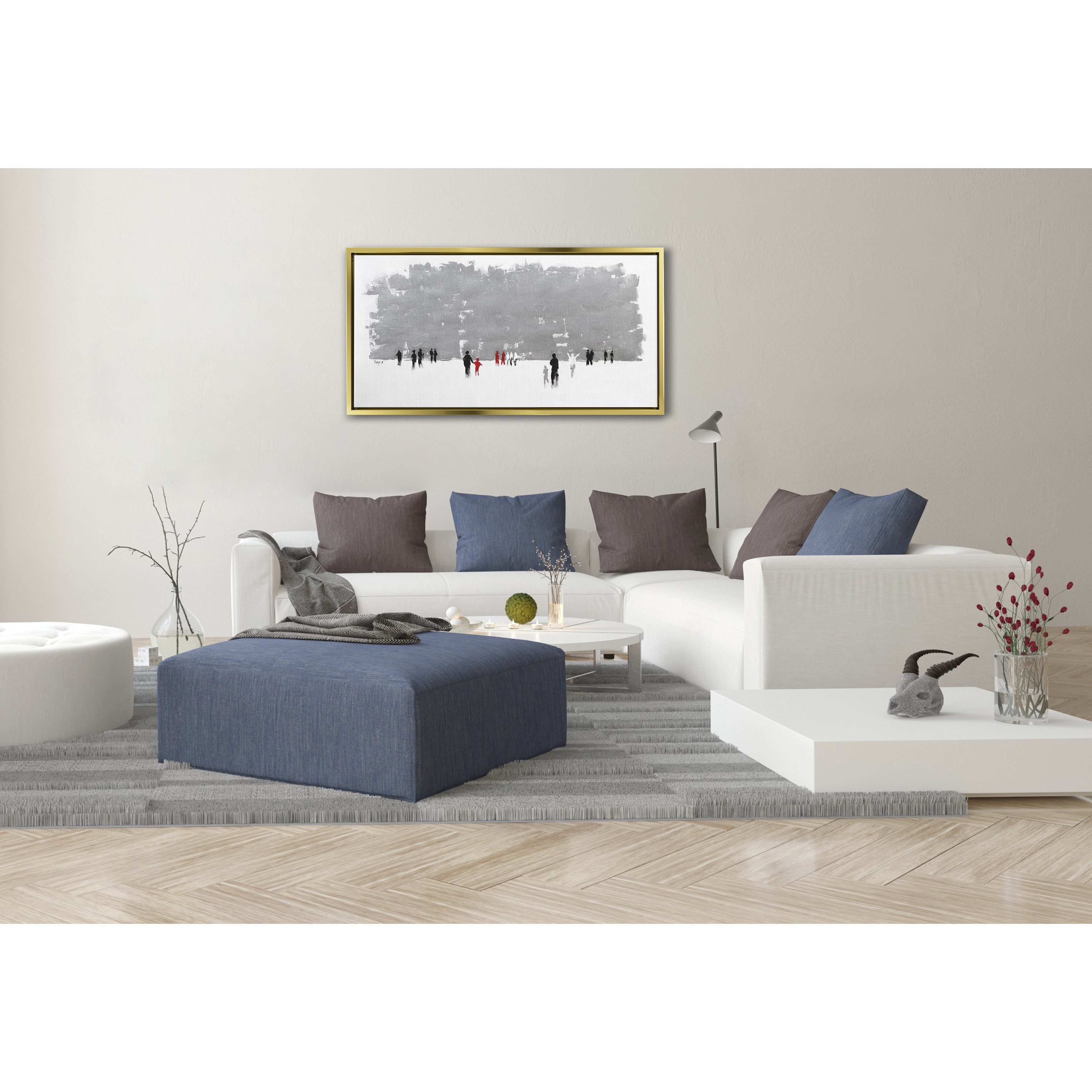 Abstract Western Wall in Grays - 51x31 Judaica Art Canvas displayed above a white couch, enhancing a modern living room setting.