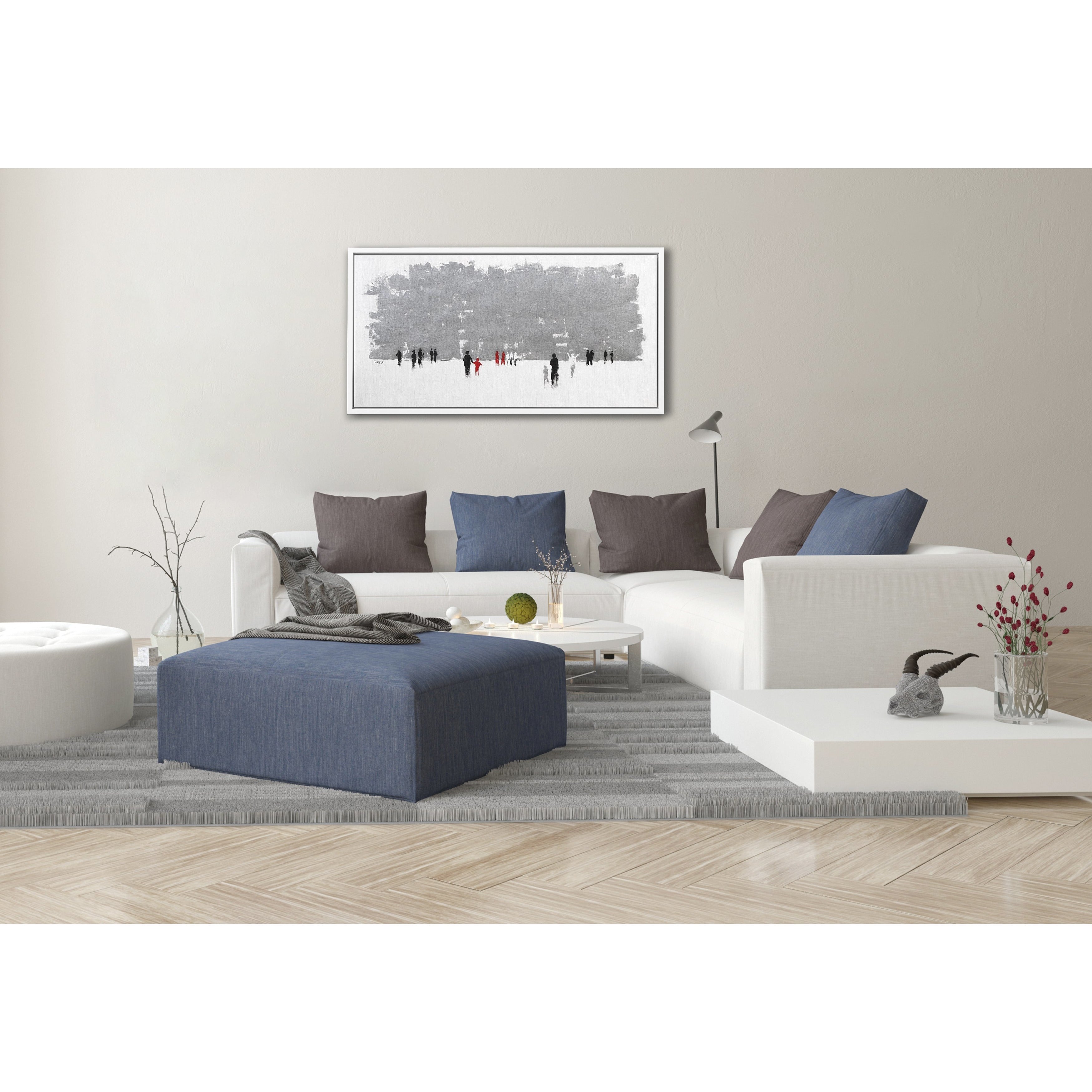 Abstract Western Wall in Grays - 51x31 Judaica Art Canvas displayed in a modern living room with a white couch and decorative elements.