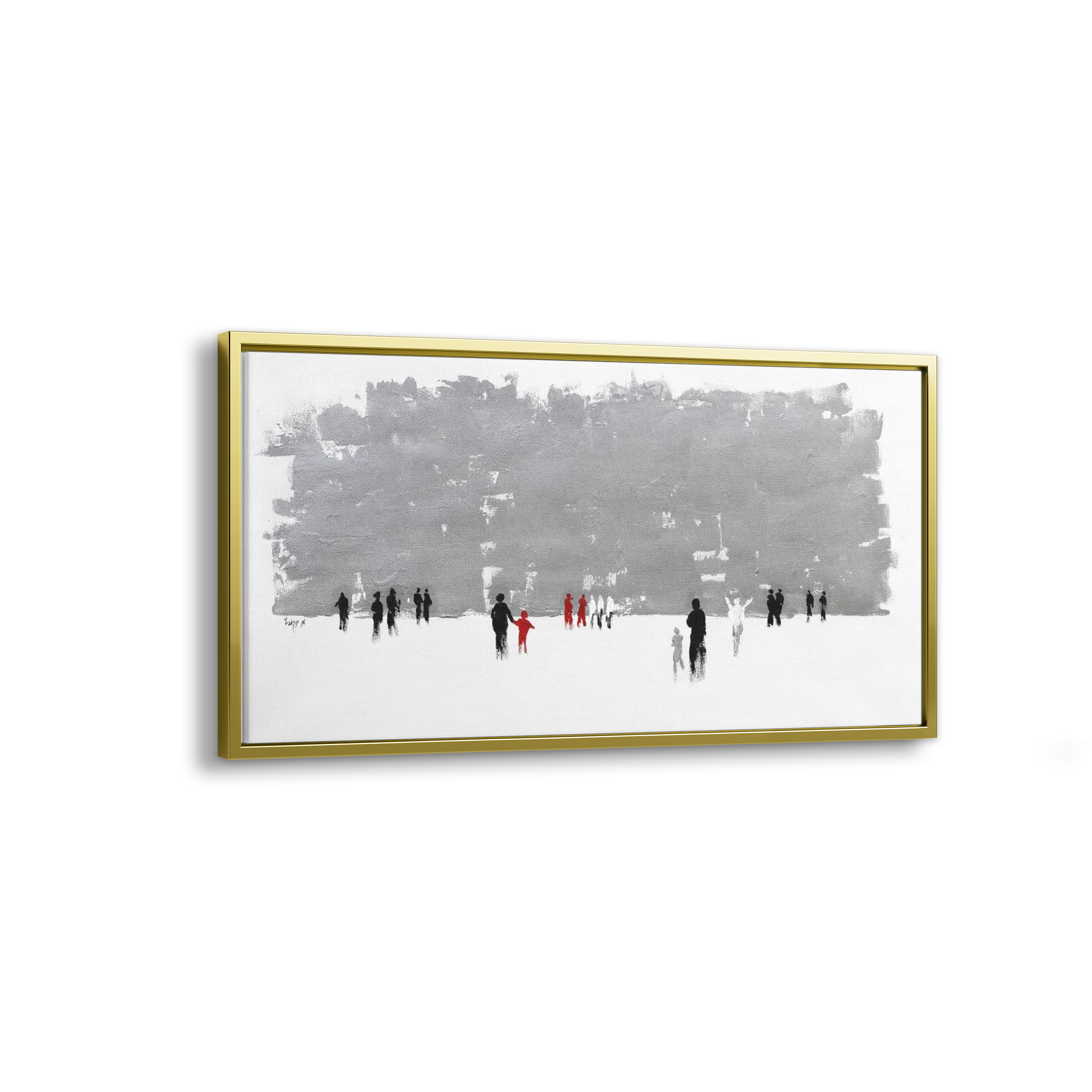 Abstract Western Wall in Grays - 51x31 Judaica Art Canvas, showcasing a modern depiction of the Western Wall with people walking in a snowy scene.