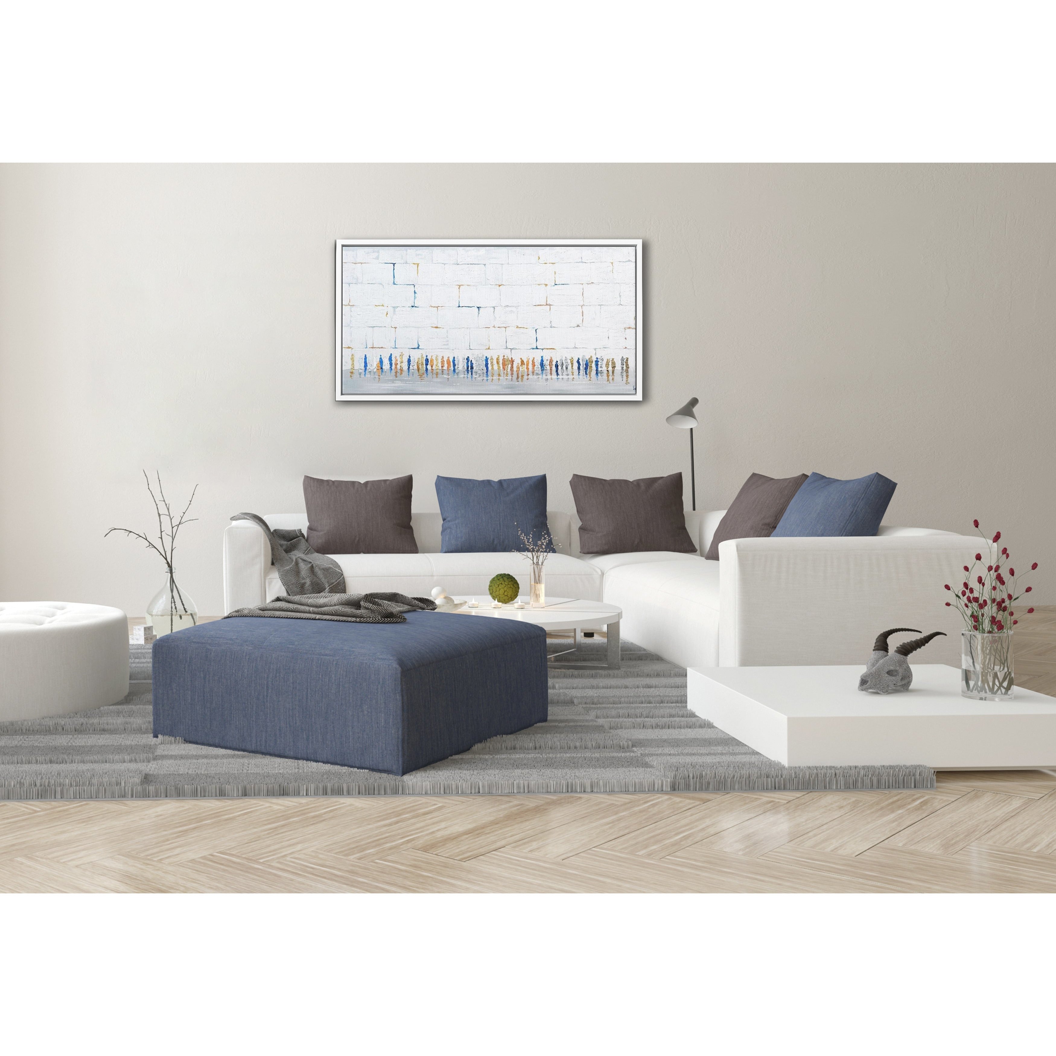 Western Wall Abstract in White & Colors - 51x24 Judaica Art Canvas displayed in a modern living room setting.