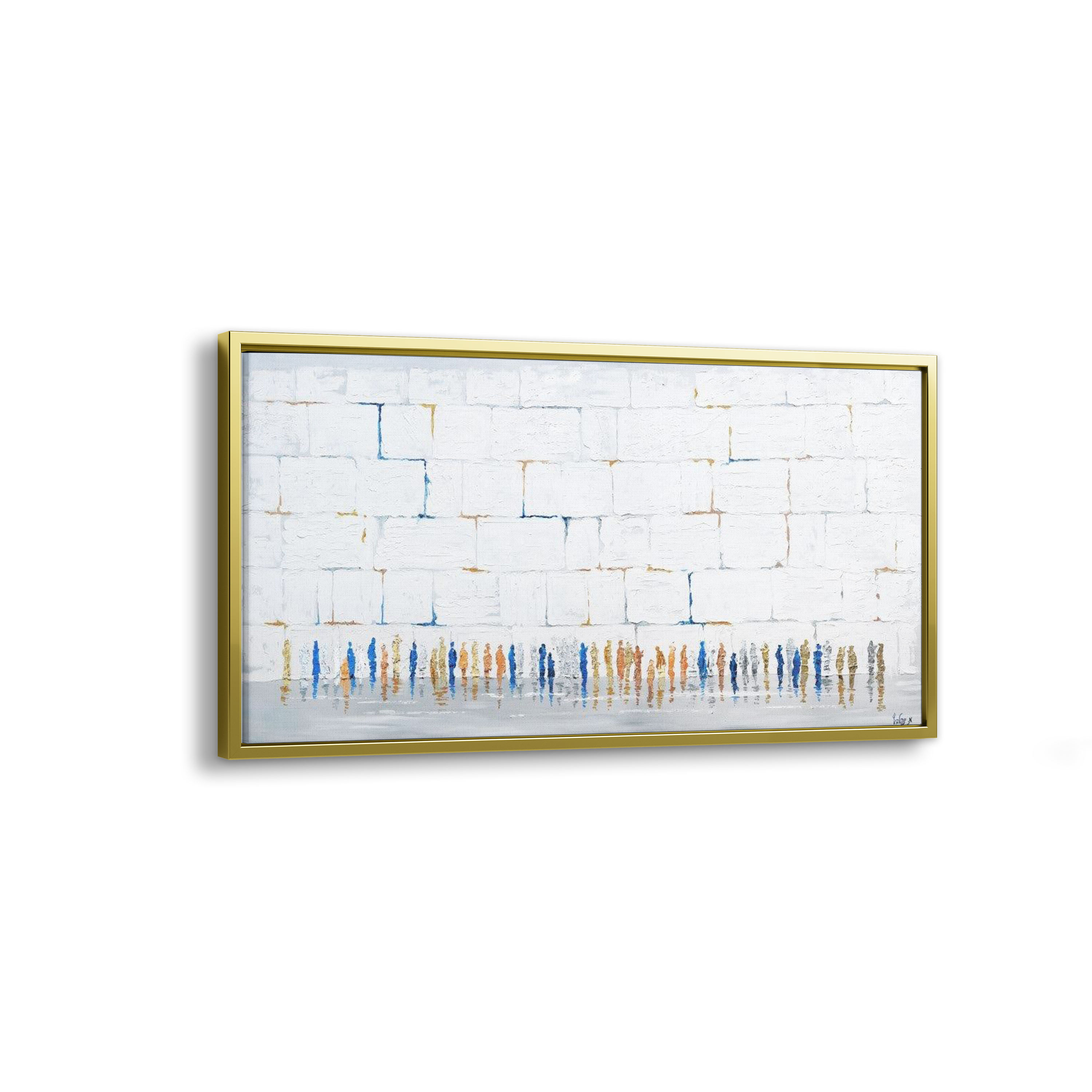 Western Wall Abstract in White & Colors - 51x24 Judaica Art Canvas, featuring vibrant lines on a serene backdrop, celebrating Jewish spirituality through contemporary design.