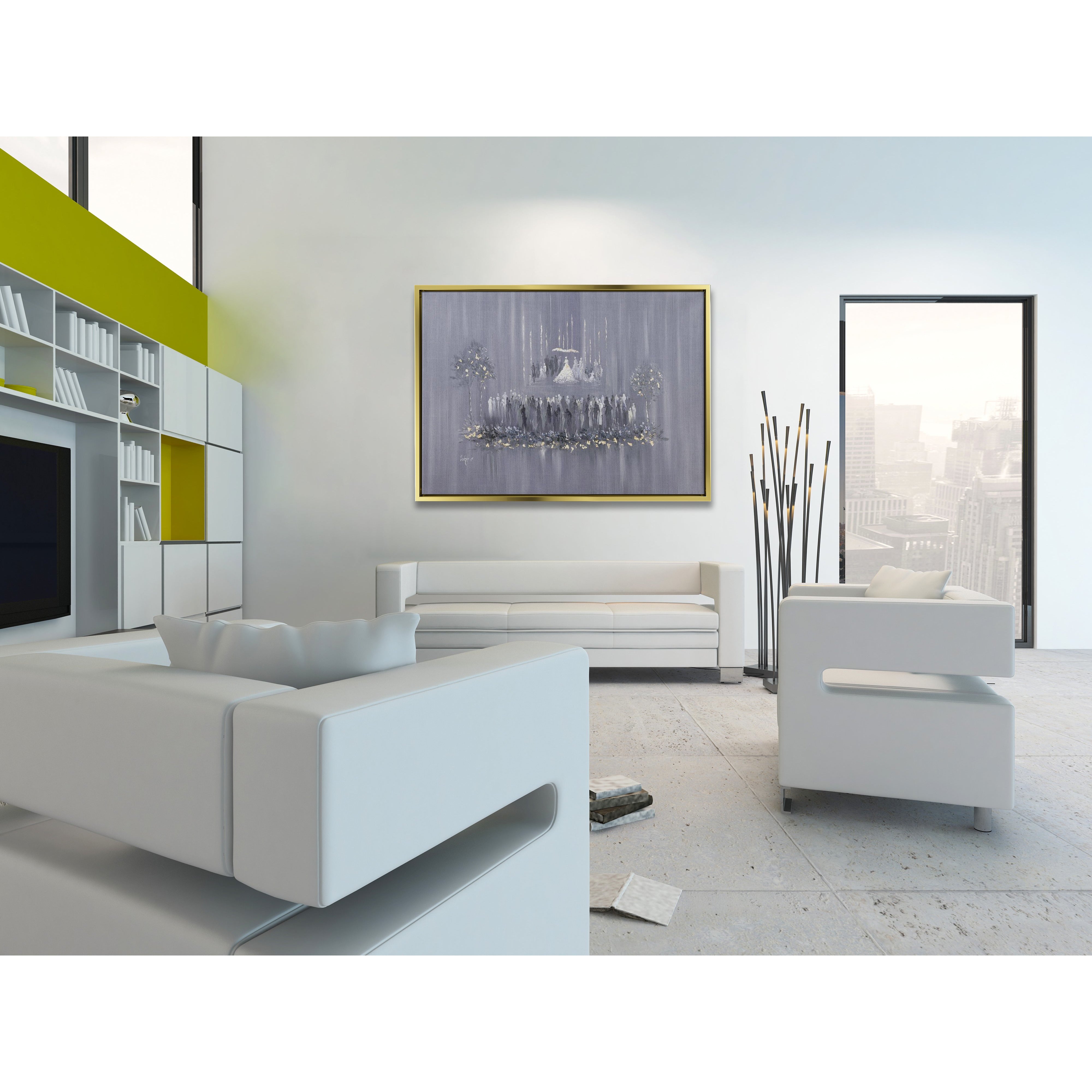 Chuppah Elegance - 40x28 Jewish Wedding Canvas Art displayed in a modern living room with white furniture, highlighting Jewish matrimonial traditions.