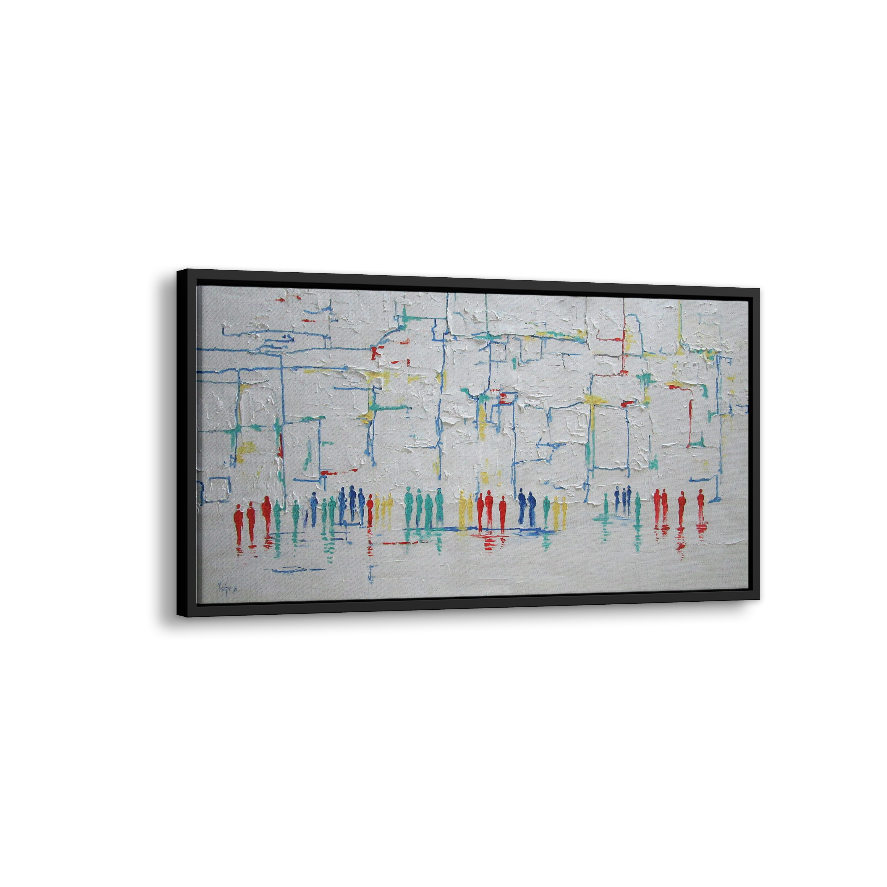Colorful Abstract Western Wall Art - 51x24 Modern Judaica Canvas featuring a lively, contemporary interpretation of the Western Wall with vibrant, abstract figures.