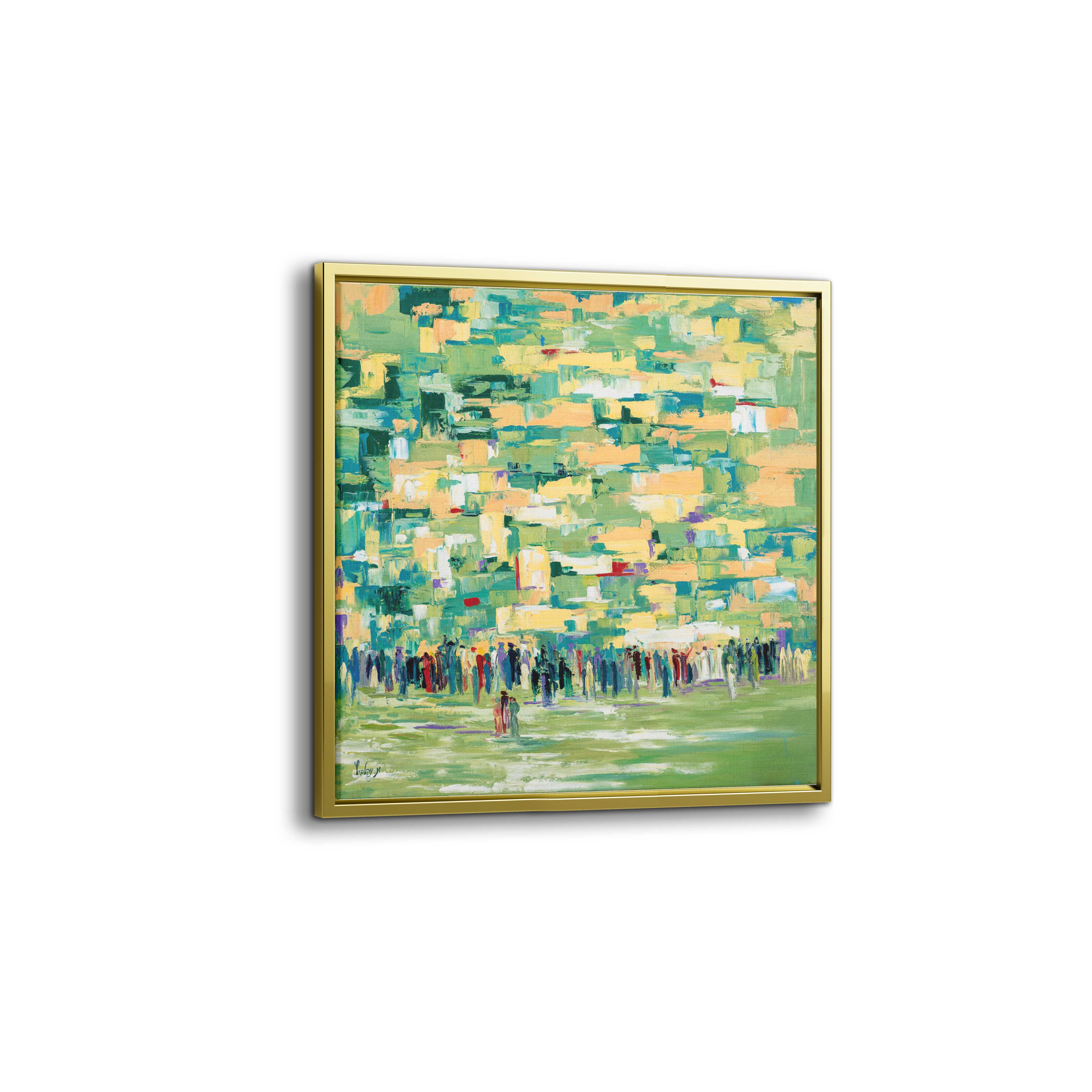 Green Tones Western Wall Abstract - 35x35 Modern Judaica Canvas, depicting an abstract interpretation of the Western Wall in a gold frame, highlighting Jewish spirituality.