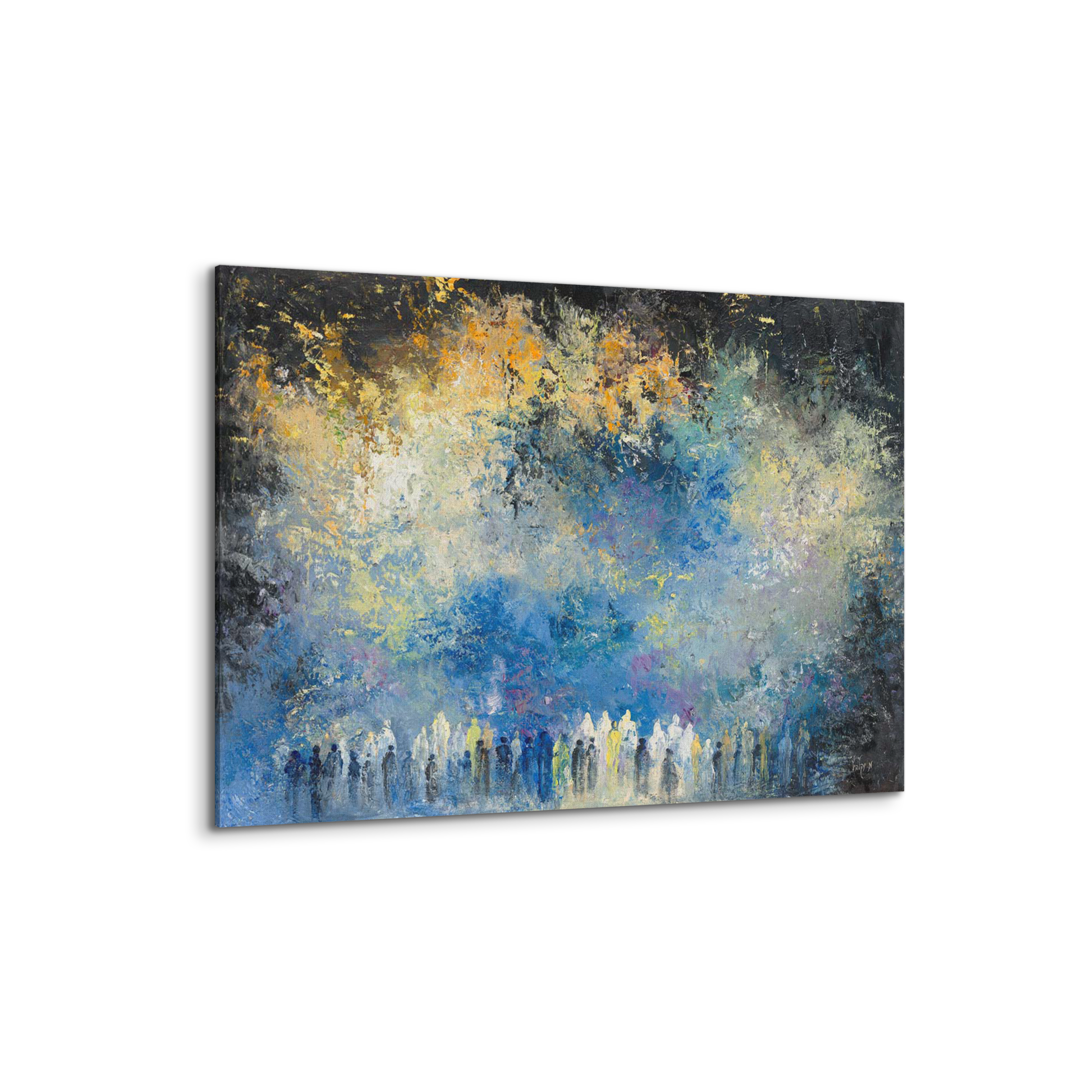 Abstract Western Wall Worshipers - 40x28 painting depicting an abstract scene of worshipers at Jerusalem's Western Wall, blending modern Judaica art with spiritual themes.