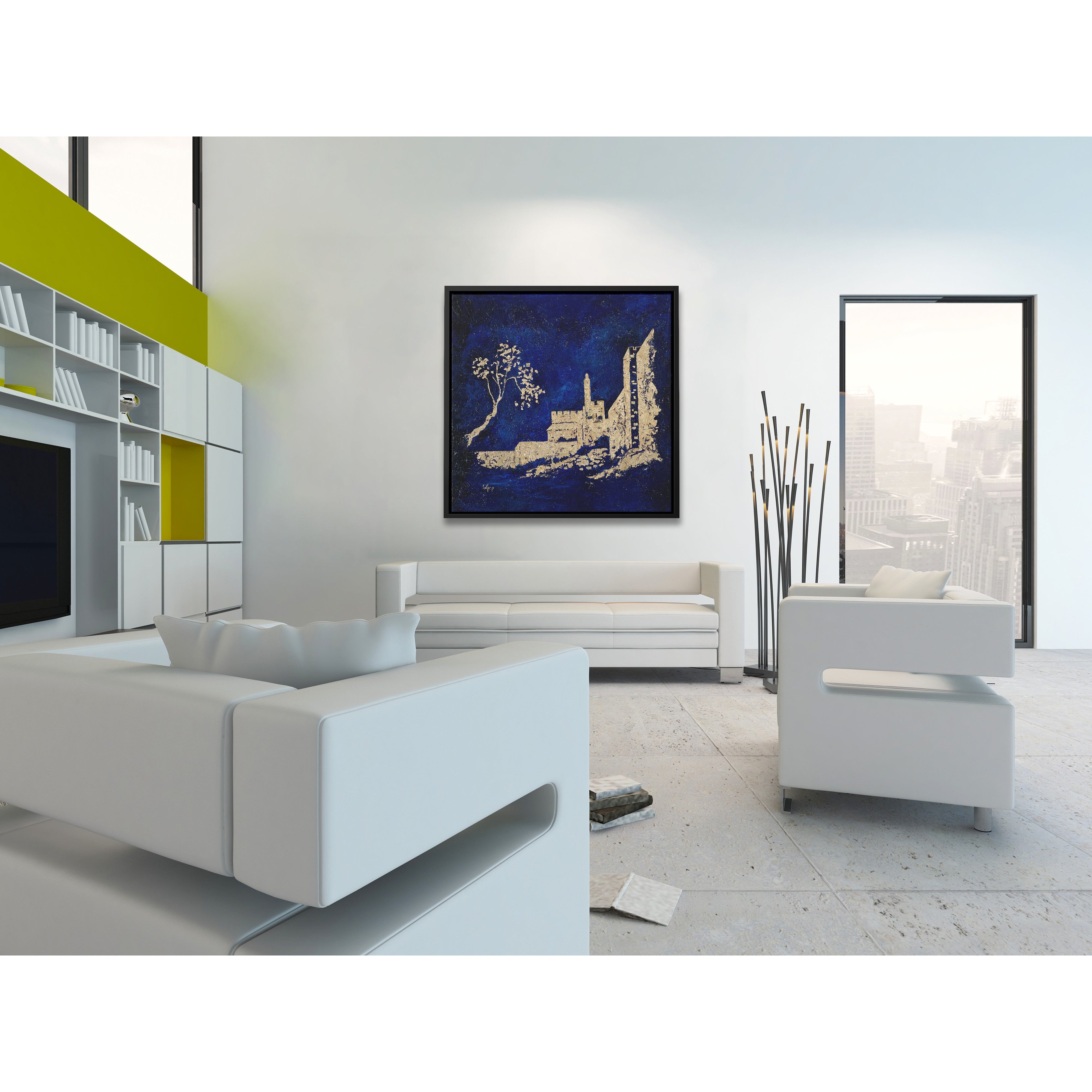Gold Leaf Tower of David Painting - 28x28 Jewish Art, displayed in a white living room with a white couch, enhancing modern Judaica decor.
