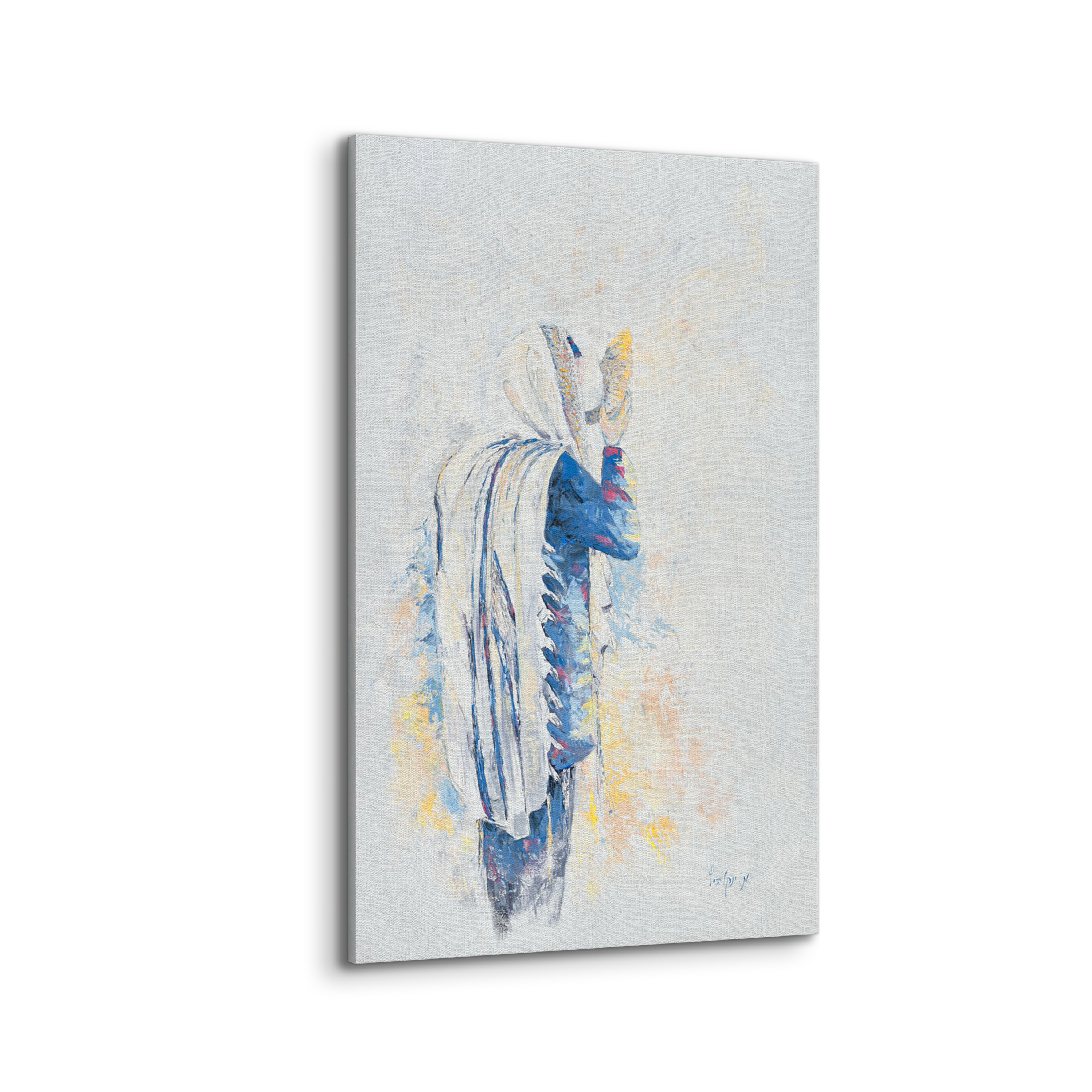 Echoes of Tradition - Shofar in Blue, a 24x40 Jewish canvas art, depicts a Jew in a turban blowing a shofar, capturing Jewish spiritual essence.