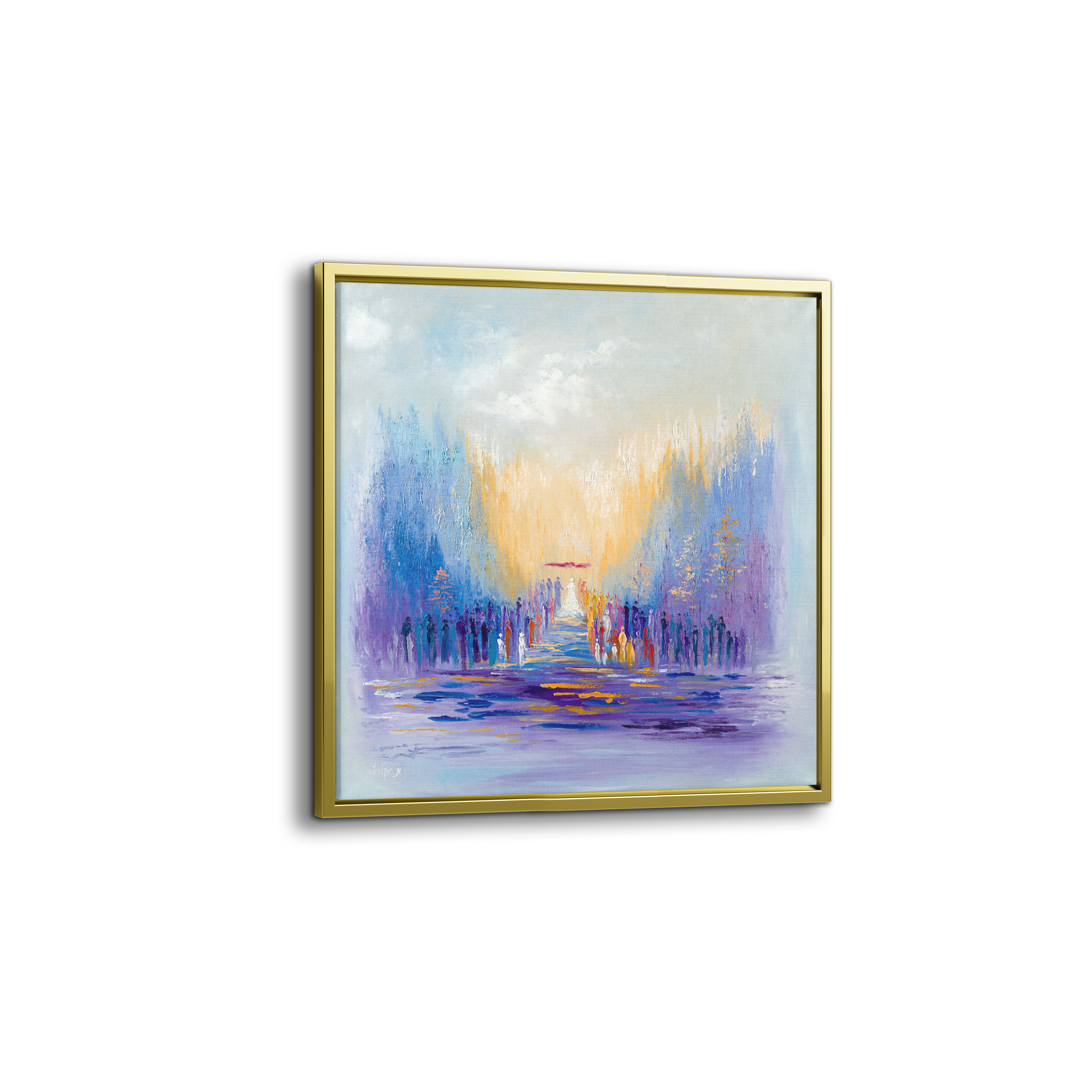 Colorful Jewish Chuppa Ceremony Painting in a gold frame, depicting a vibrant wedding scene, 35x35 inches, ideal for modern Judaica art collections.