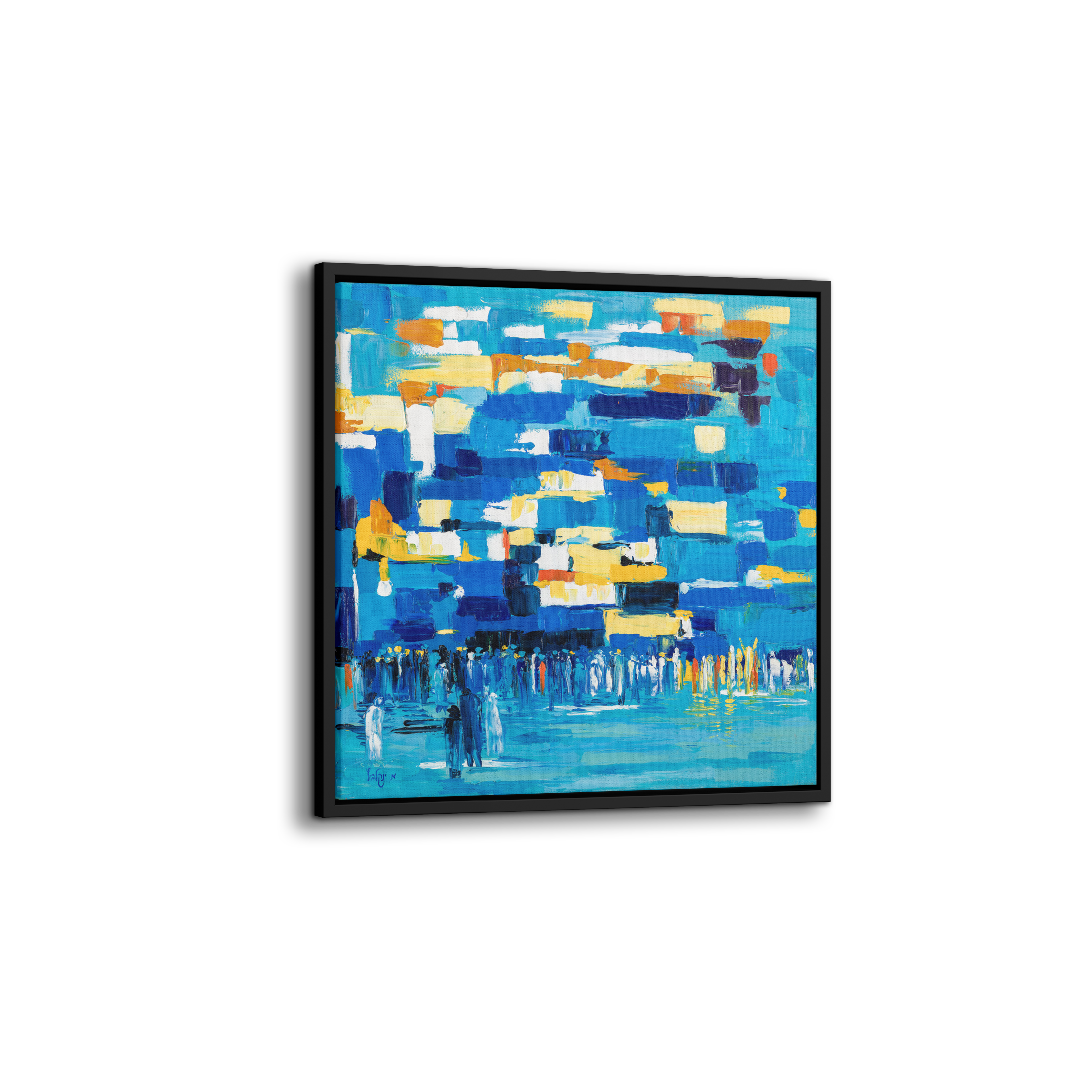Blue Abstract Western Wall Art - 31x31 Judaica Canvas depicts an abstract interpretation of the Western Wall in soothing blue tones, framed in black.